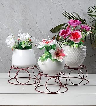 Metal Plant Stand for Balcony, Flower Pot Stand, Gamla Stand Home Garden, Balcony, Indoor Outdoor Living Room (Round Set Of 3 Red)