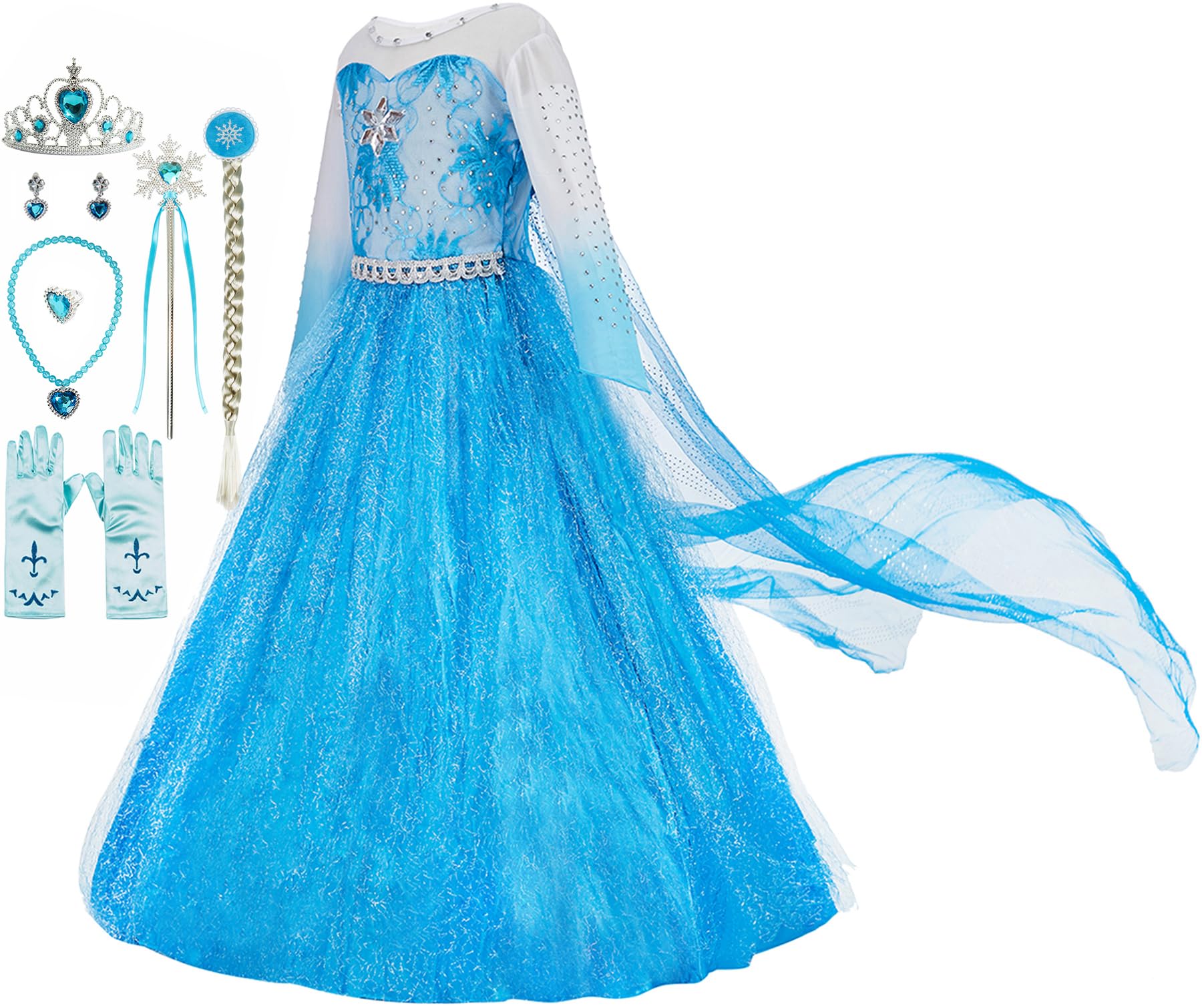 Funna Elsa Costume for Girls Princess Dress Up Halloween Cosplay Party with Accessories