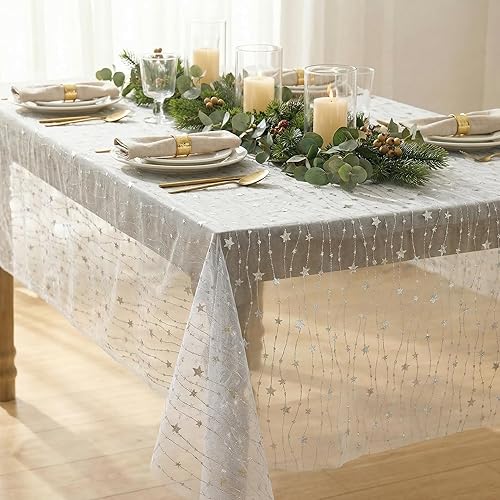 Horaldaily White Sparkling Stars Gauze Tablecloth 60×84 Inch Rectangular, Silver Star Sequin Glitter Metallic Foil, Sheer Chiffon Tulle Cheesecloth for Wedding Baby Shower Party