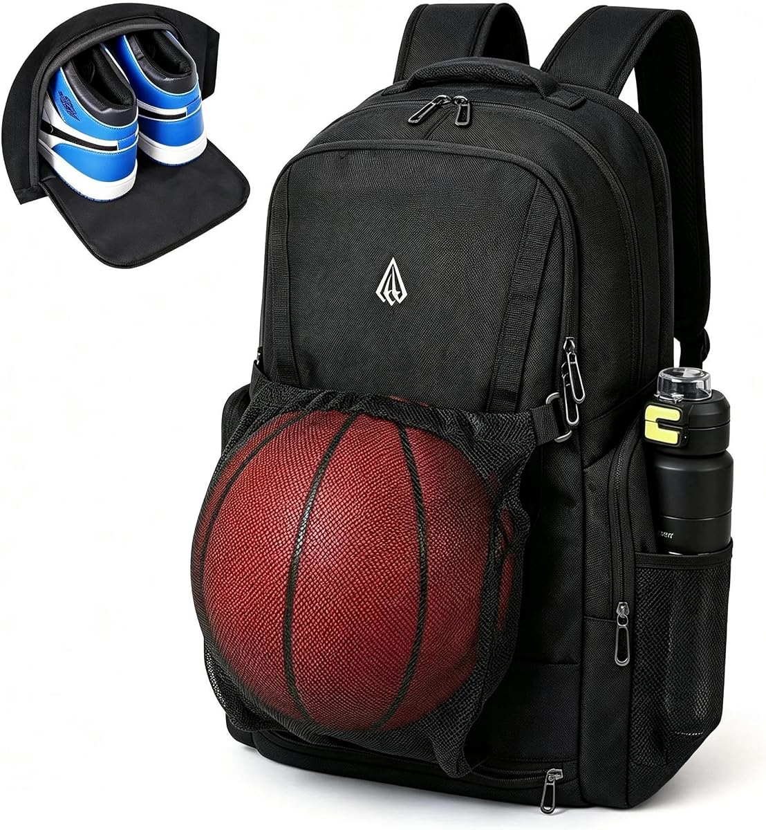 Extra Large Basketball Bag with Size 14 Shoe Pocket & Detachable Ball Mesh | Ventilated Shoe Compartment,Wet/Dry Separation Clothes Pocket,Insulated Cooler Pocket,Concealed Hook,1L Water Holder