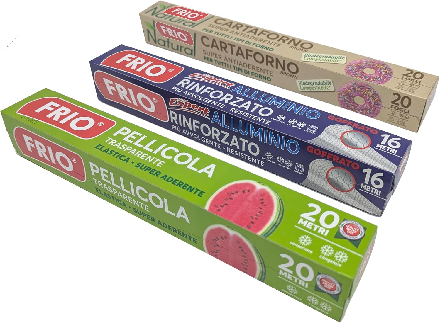 FRIO Starter Pack 3 Kitchen Rolls: Embossed Aluminium (16 m), Foil (20 m), Natural Baking Paper (20 Sheets 33 x 38 cm) - Economical Format for Storing, Baking and Protecting