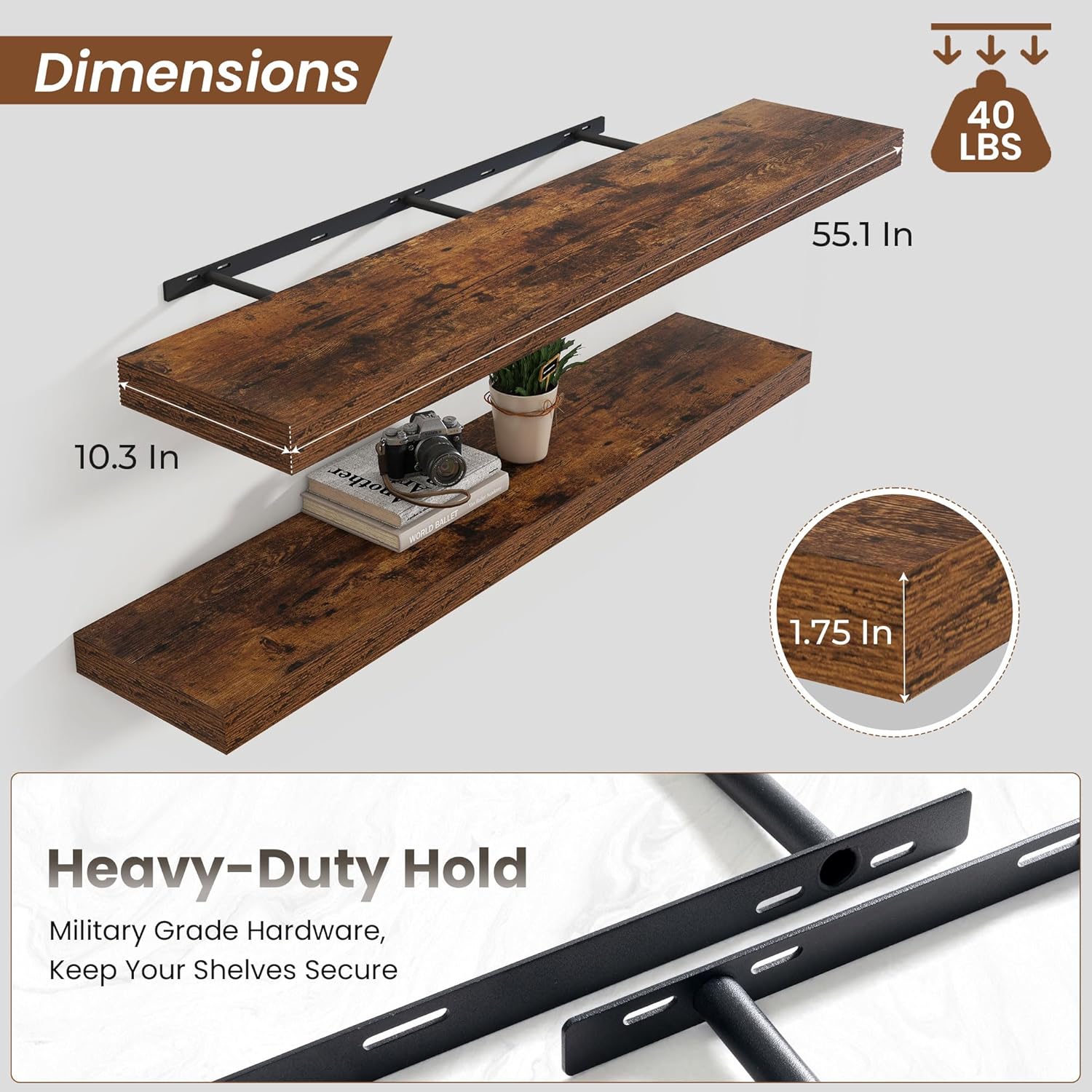 Heimlove Floating Shelves for Wall 55 Inch Long,Extra Large and Thick Wood Shelves Mounted Storage Hanging Shelf Invisible Bracket for Bedroom,Living Room,Kitchen,Office,Rustic Brown