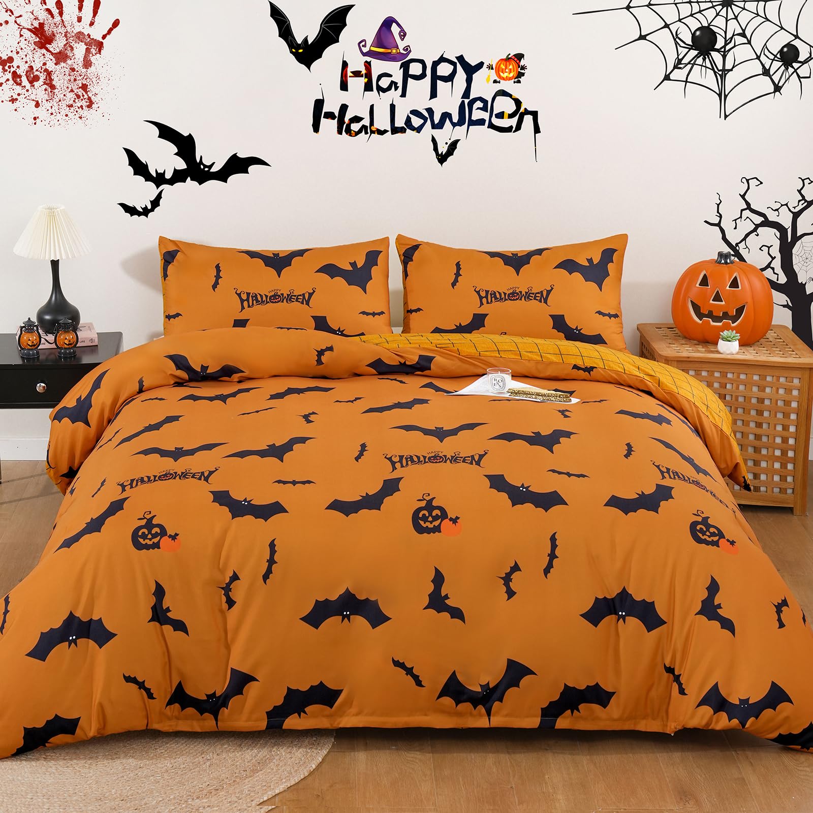 Xruibed King Halloween Duvet Cover Set - Pumpkin Bat Orange Bedding with 2 Pillowcases - Funny Comforter Cover Set for Kids Teens - 104