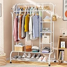 Lukzer Metal Garment Stand with 6 Shelves & Double Rods, Heavy-Duty Clothing Rack with Side Hooks & Wheels, Multi-Functional Storage Organizer for Bedroom, Laundry & Entryway - (MGS-008/White)