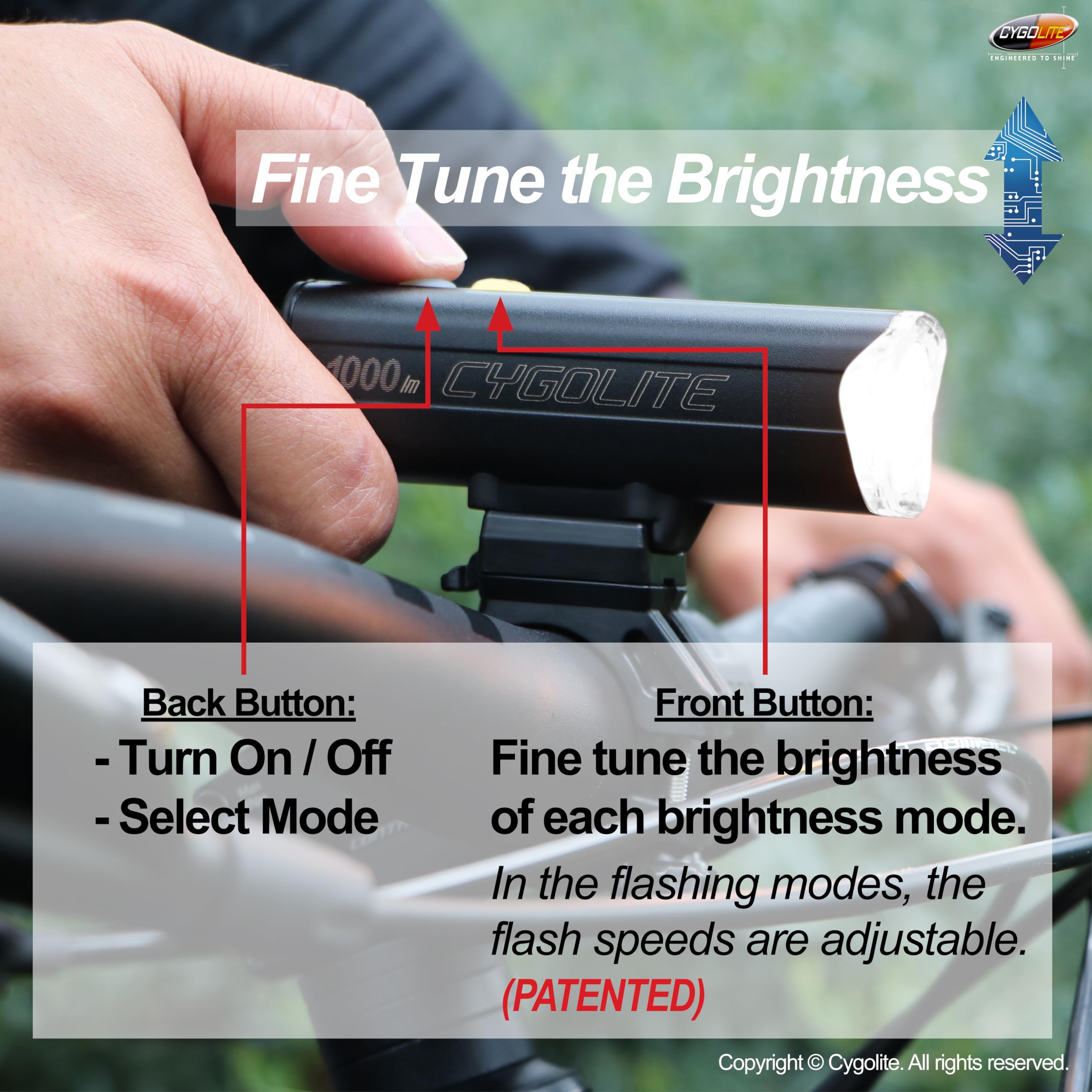 Cygolite Velocity SL Lampe de vélo 1000 lumens en alliage d'aluminium anodisé, 9 modes d'éclairage, luminosité réglable fine, étanche IP67, support rigide sécurisé, recharge USB-C, vélos de route,