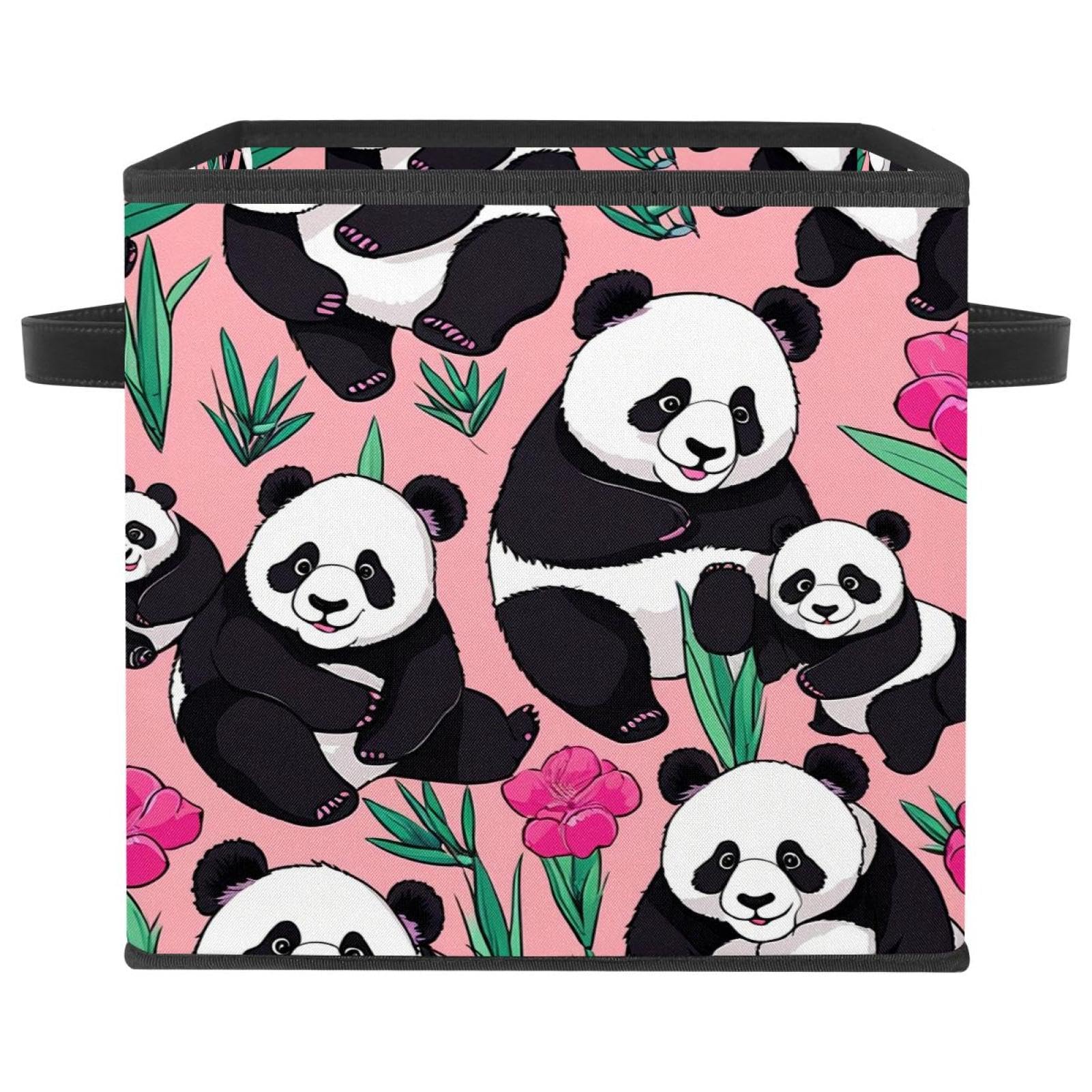 Bac de rangement durable panda rose pliable avec poignée cuir robuste