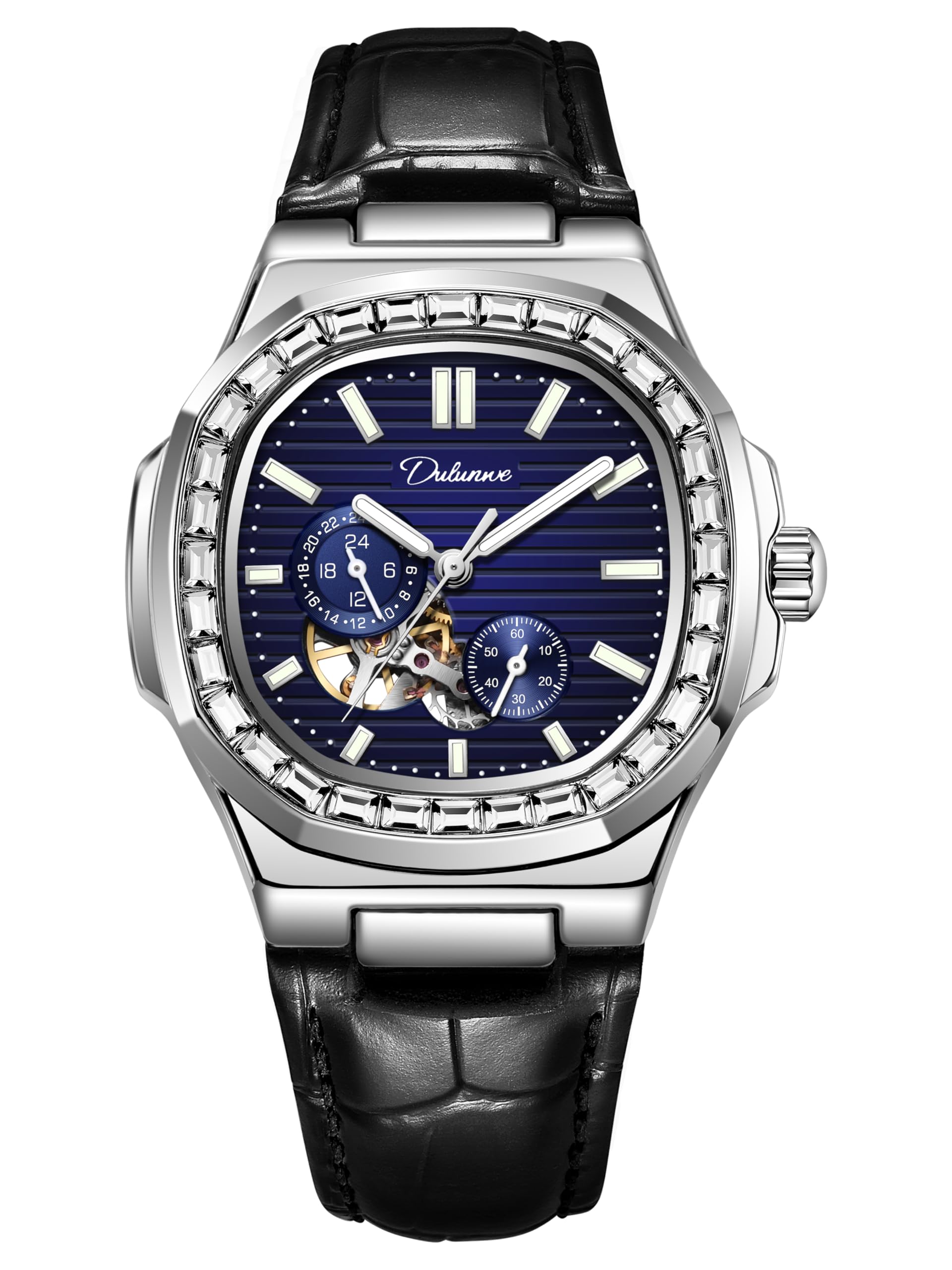 Dulunwe Men‘s Watches Mechanical Automatic Winding Elegant Luxury Leather Wristwatch with Square Analog Chronograph Dial Waterproof and Luminous Design Automatic Wtches for Men