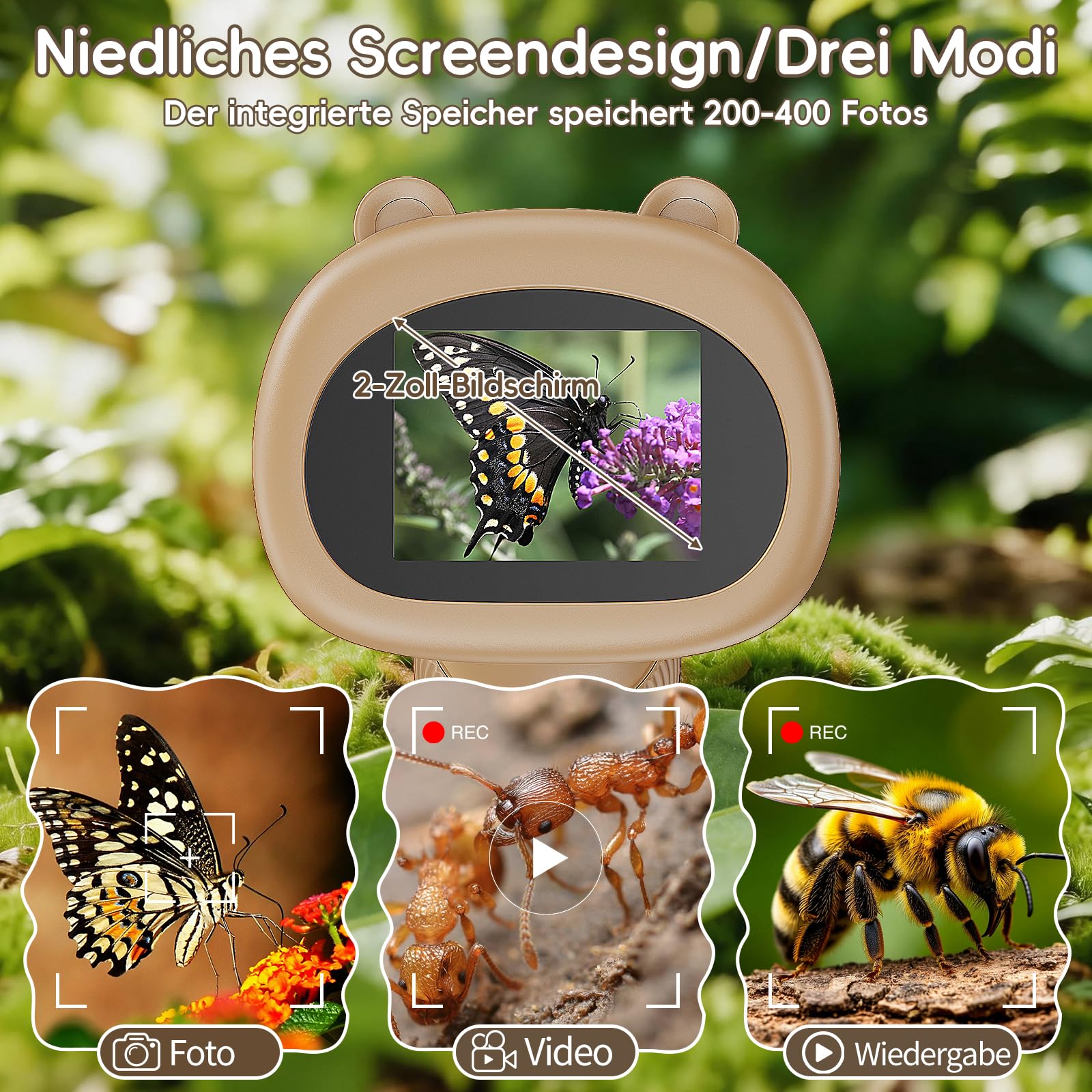 Mikroskop für Kinder - Tragbares Kinder Mikroskop 1000X, Braun | 1000X Taschenmikroskop mit Digitalem HD-Bildschirm [Inkl Fotofunktion] für Garten, Wald, Experimente & Geschenk, Kinder