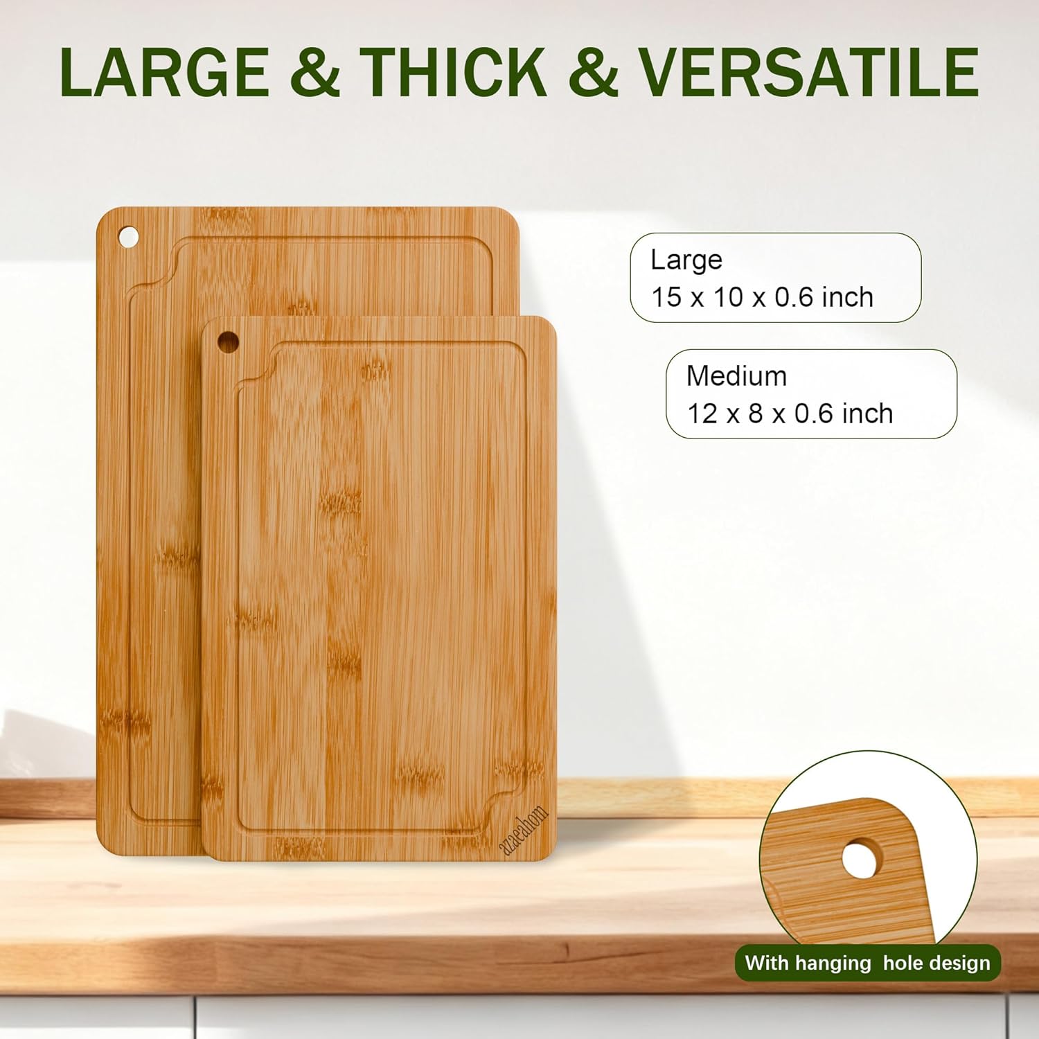 Bamboo Cutting Boards for Kitchen, 2-Piece Wood Cutting Board Set with Juice Grooves & Built-in Handles, Easy Storage & Clean Chopping Board for Meat, Vegetables, Fruit