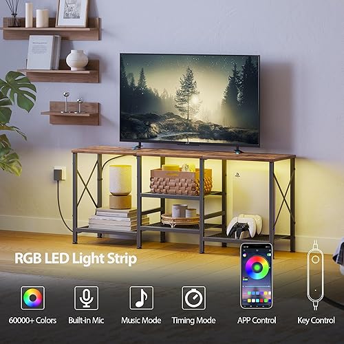 Miniatura 4 de Soporte de TV con luces LED para TV de 55 pulgadas, centro de entretenimiento con estantes abiertos de 3 niveles, mesa consola de TV para sala de