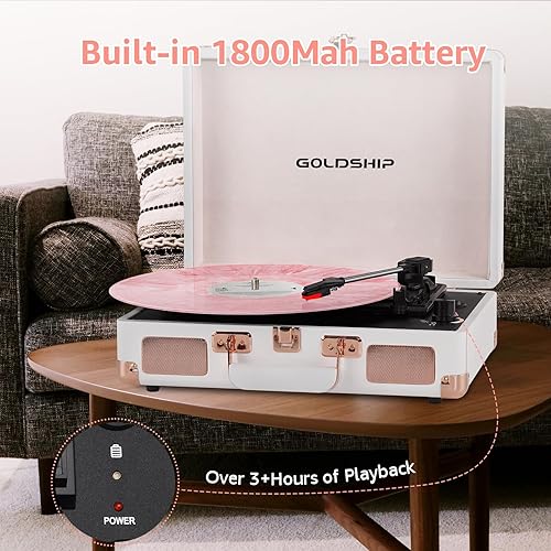 Miniatura 6 de Tocadiscos portátil de 3 velocidades con Bluetooth, batería incorporada, conector para auriculares de 0.138 in, RCA y puertos auxiliares para