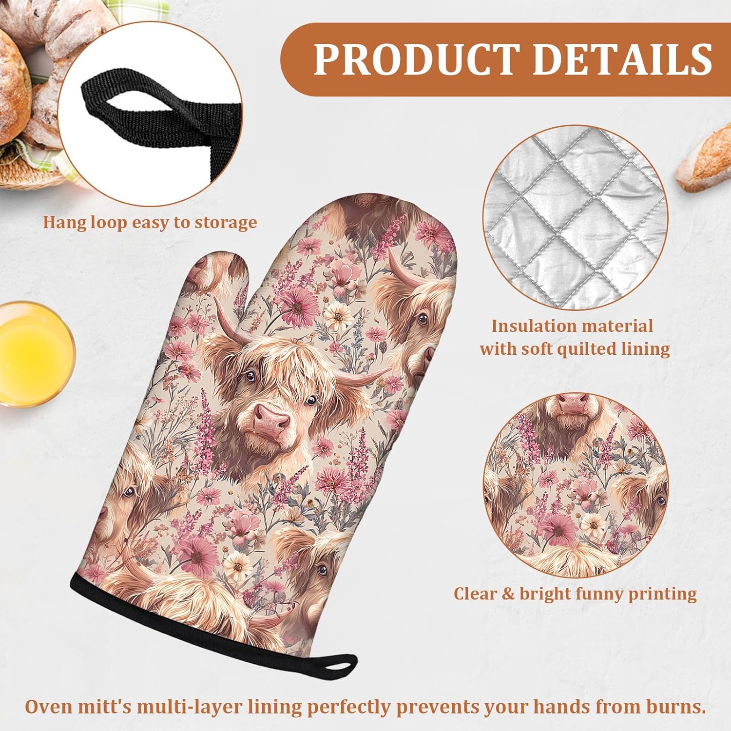 Highland Cow Pink Flower Oven Mitts and Pot Holders Sets 4Pcs Potholders Hot Pads Oven Gloves House Warming for Kitchen Cooking Grilling BBQ