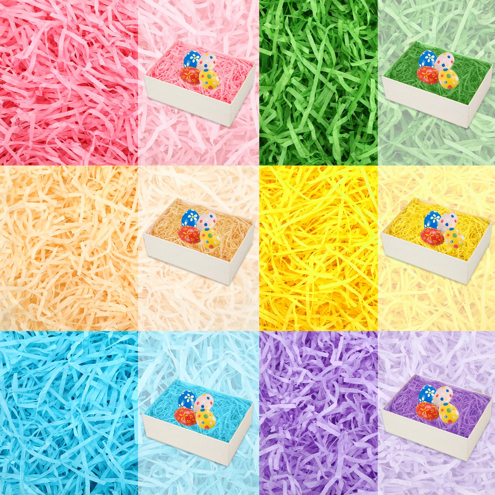MARFOREVER Raffia Paper Shreds, 100g Easter Grass Filling Material with 6 Colors, Shredded Paper for Gift Boxes and Easter Decorations (9 cm)