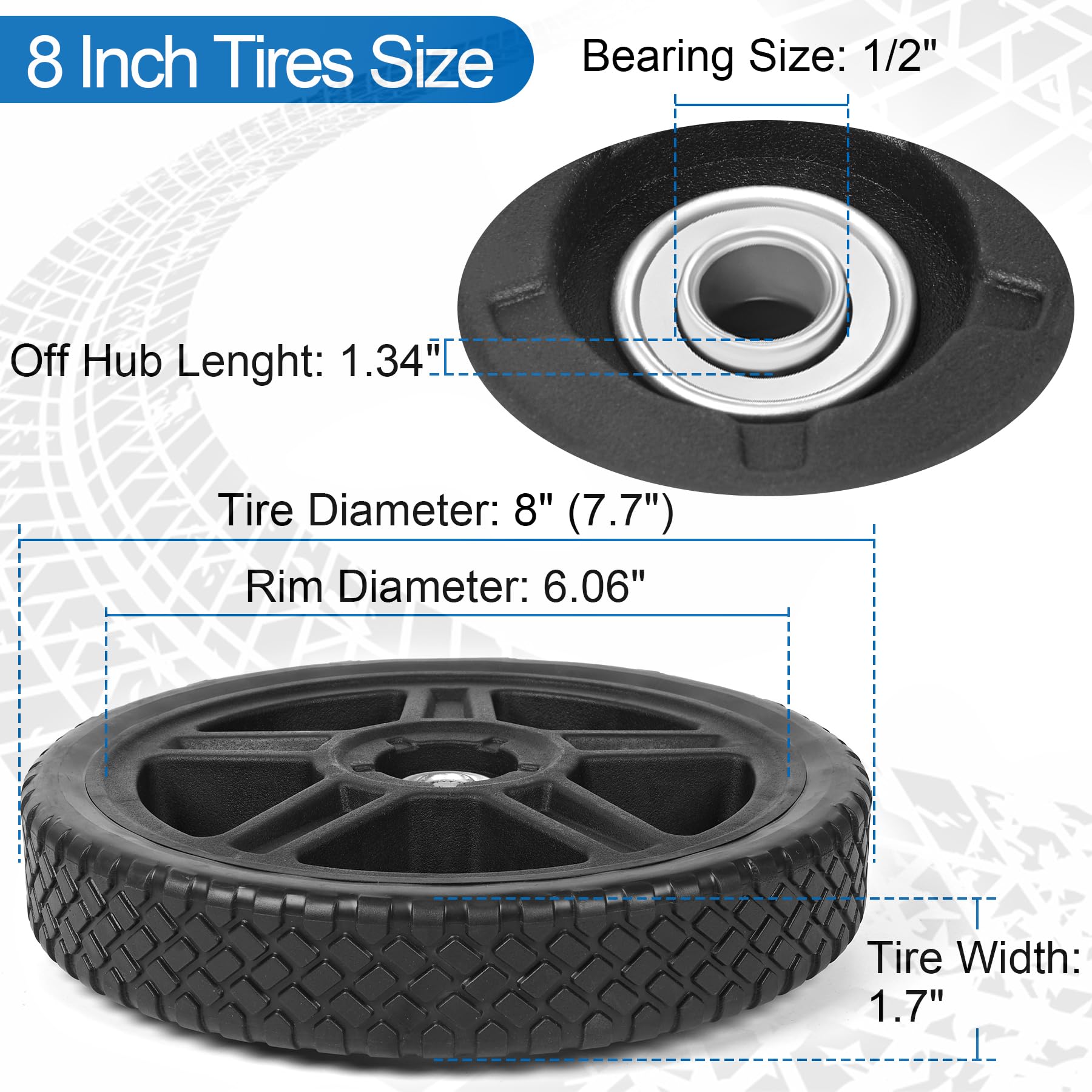 Kit di ruote universali per tosaerba da 20,3 cm, con cuscinetti da 1/2", bulloni e dadi, pneumatici di ricambio in plastica per la maggior parte delle motozappe da giardino standard
