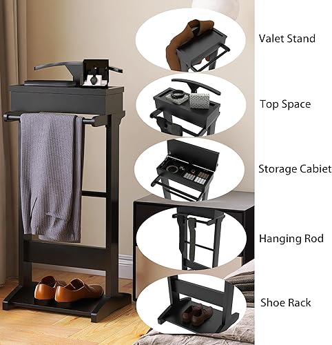 Miniatura 3 de Soporte de valet negro para hombre, soporte de ropa con almacenamiento y bandeja superior, utilizado en entrada, oficina, sala de estar