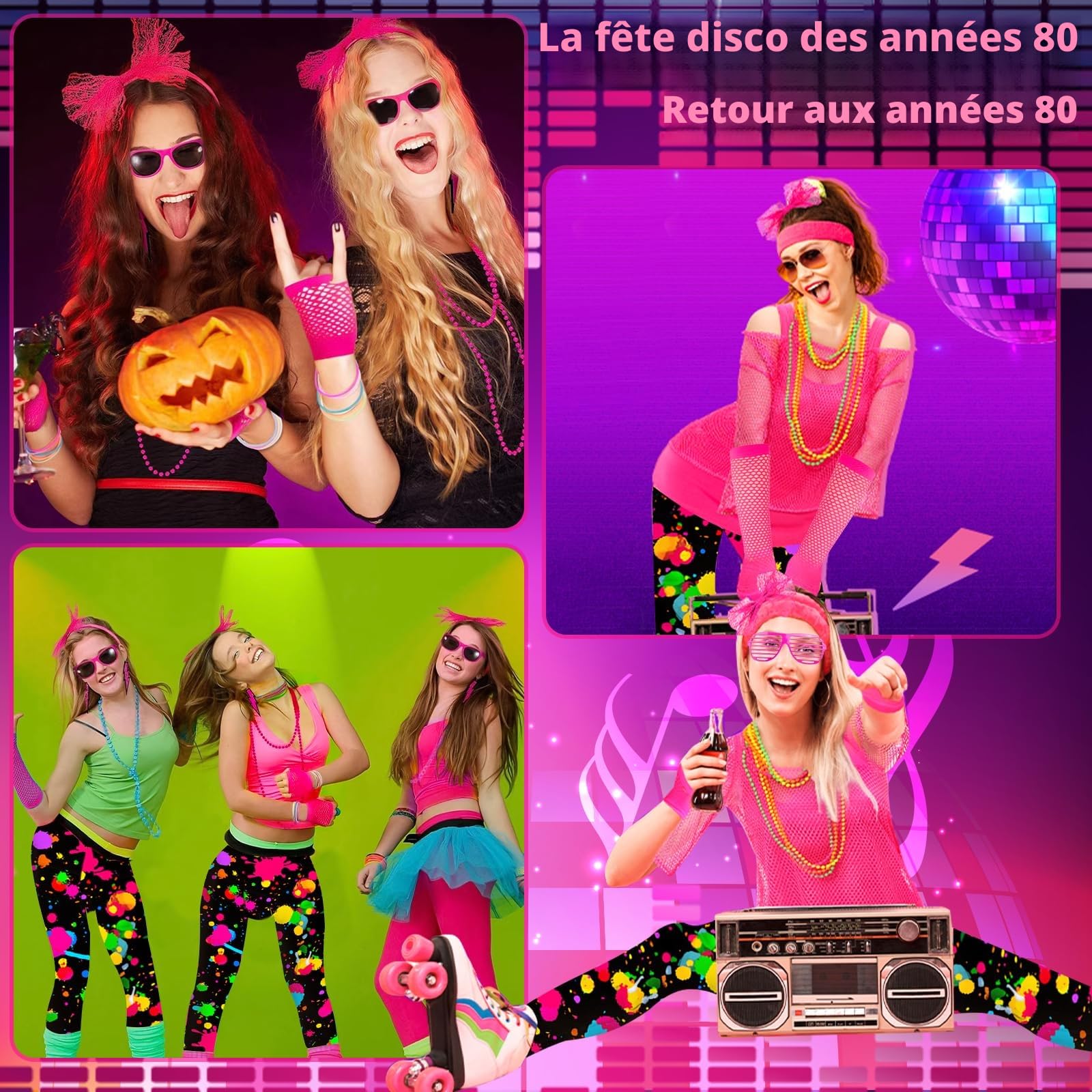 Déguisement Année 80 Femme, 26 Pièces Vetement Annee 80 Disco Fluo Accessoire Femme, Vetement Fluo, Costume Années 80 90, T-shirt, Jambières, Gants En Résille, Disco Costume Fête Néon