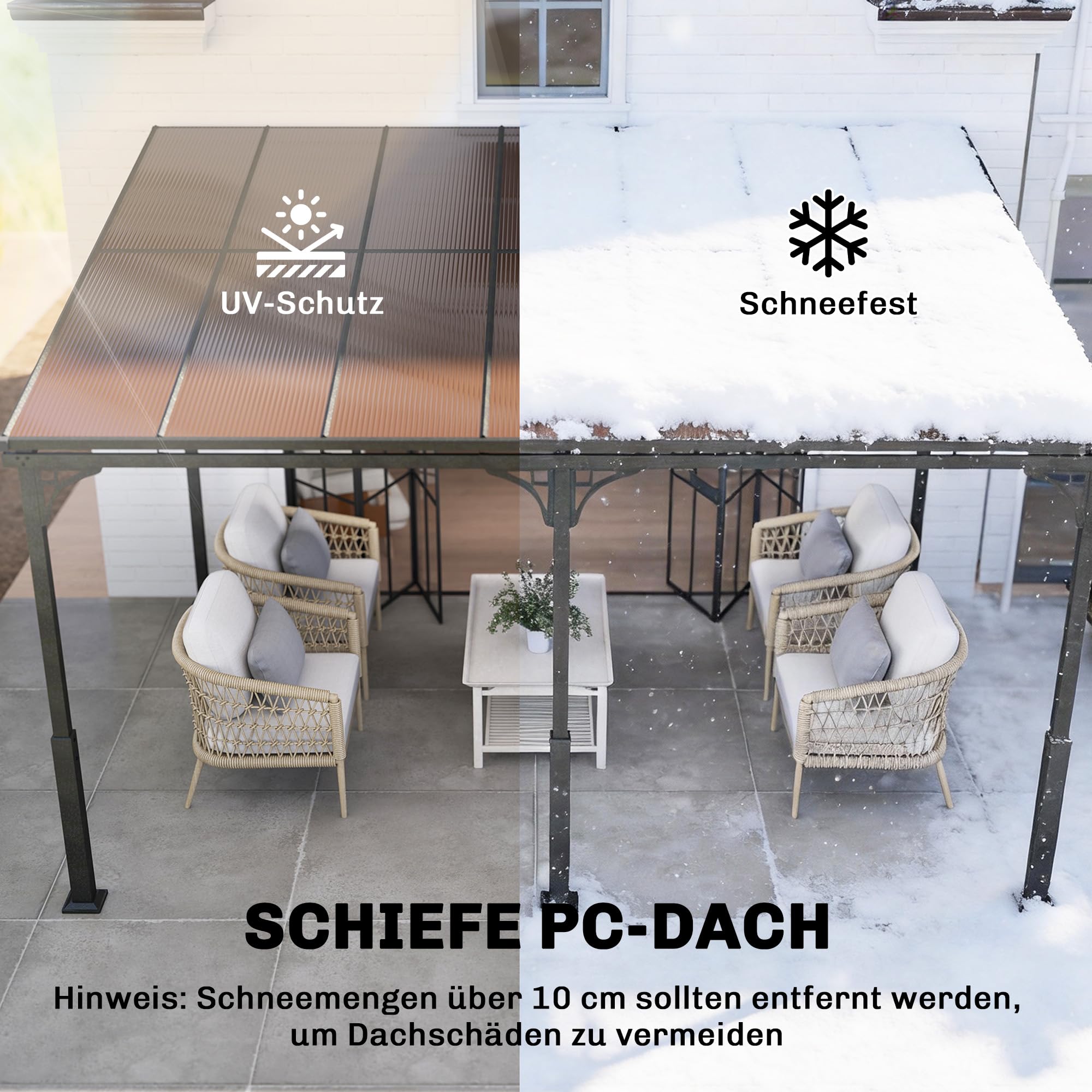 Outsunny Pergola ścienna 4 x 3 m Zadaszenie tarasowe z nachylonym dachem poliwęglanowym, metalowo-aluminiowa rama, przylegająca pergola na taras, ogród, brązowa
