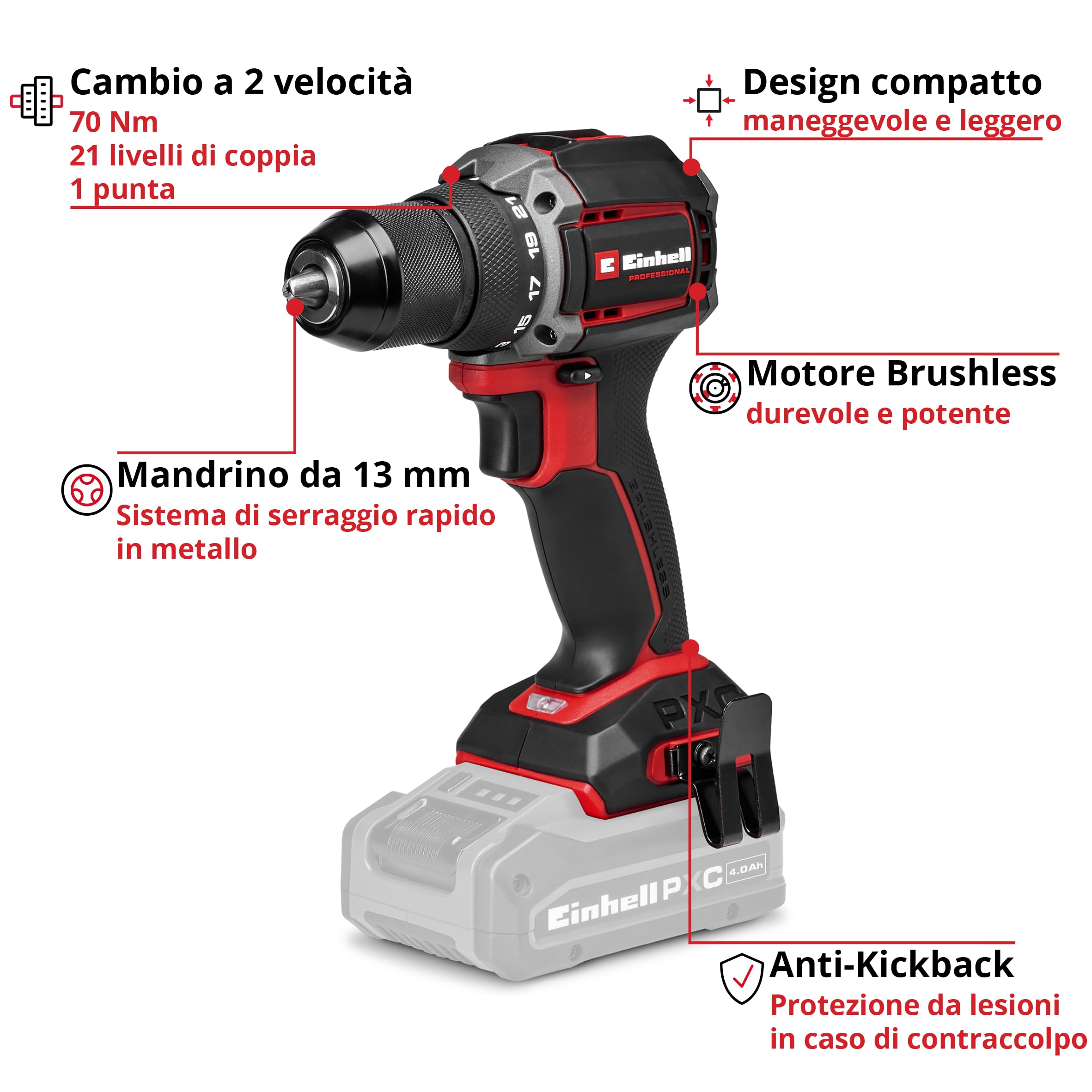 Trapano avvitatore a batteria Einhell Professional TP-CD 18/80 Li BL-Solo Power X-Change (18 V, Brushless, 70 Nm, mandrino 13 mm, 2 velocità, 19 livelli di coppia, punta, senza batteria)