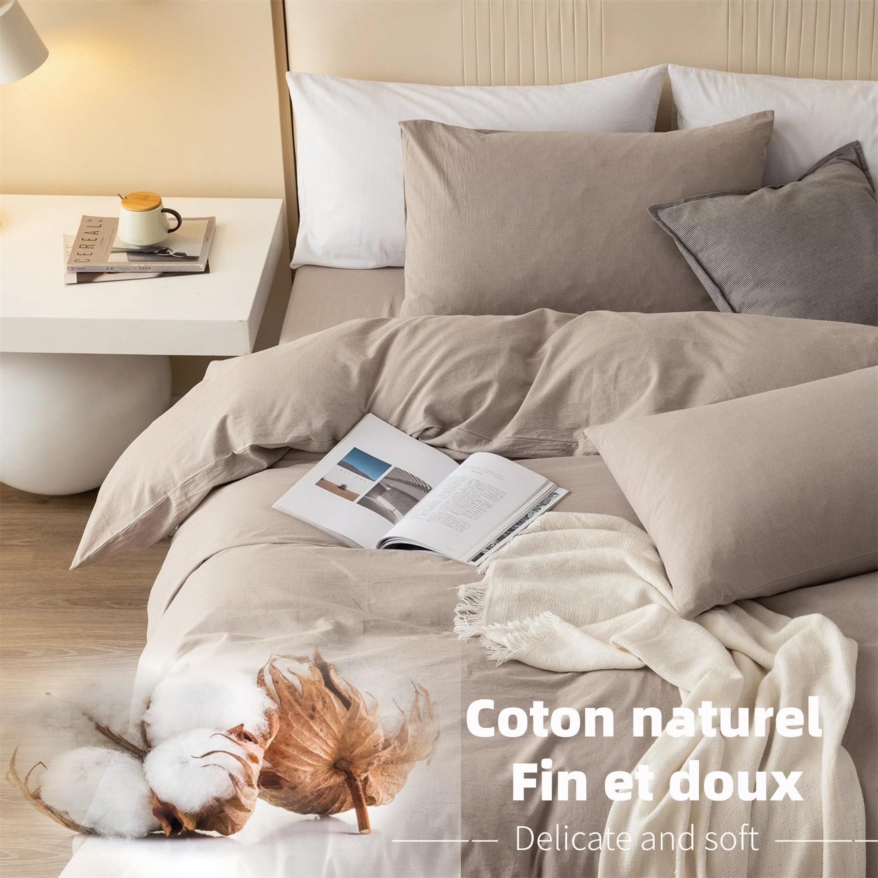 Gezu Parure da letto in cotone, 200 x 200 cm, color crema, marrone, cachi, cotone, certificazione Oeko-TEX include copripiumino in cotone 200 x 200 cm, morbido biancheria da letto con 2 federe 65 x 65