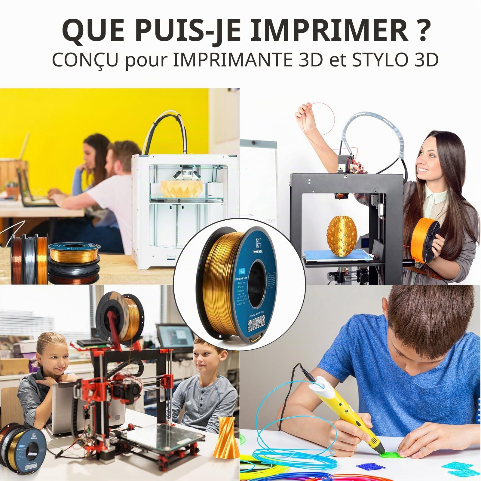 GEEETECH PLA filament 1.75mm Silk Gold, Imprimante 3D Filament PLA 1kg Spool