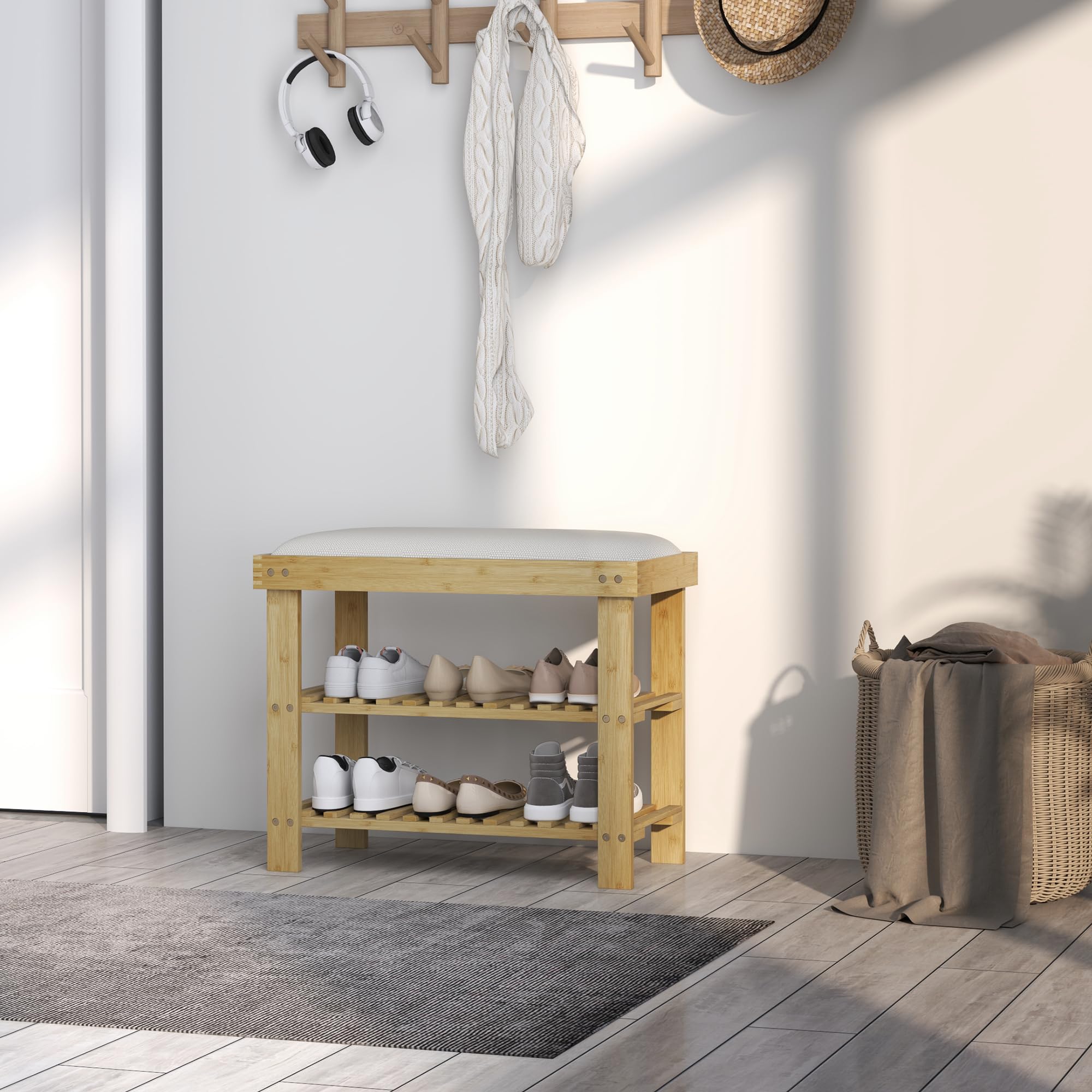 HOMCOM Banc à Chaussures en Bambou 60 x 29 x 49 cm, Crème et Bois Naturel | Étagère à Chaussures à 3 Niveaux, Style Scandinave, Banc de Rangement, pour Entrée, Salon, Chambre, Charge 150 Kg