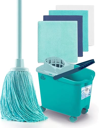 Blue Dolphin - Fregona con Palo Plegable y Cubo con Ruedas más 4 bayetas de Microfibra reciclada Set de Limpieza sostenible del hogar para Suelos y Todo Tipo de Superficies