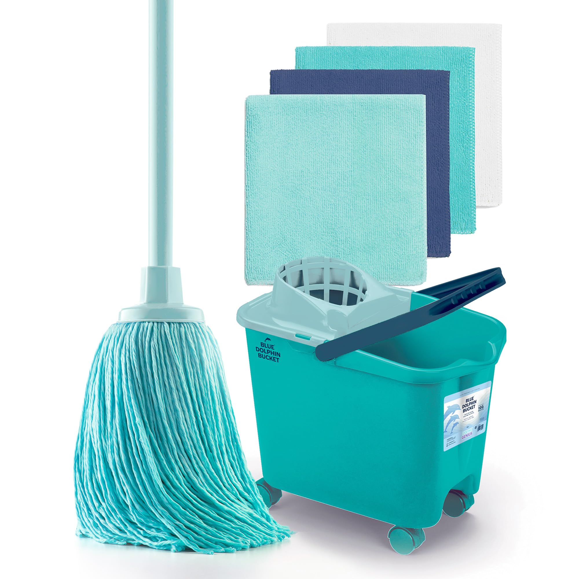 Blue Dolphin Mop with Folding Stick and Wheeled Bucket Plus 4 Recycled Microfiber Cloths Sustainable Household Cleaning Set for Floors and All Surfaces
