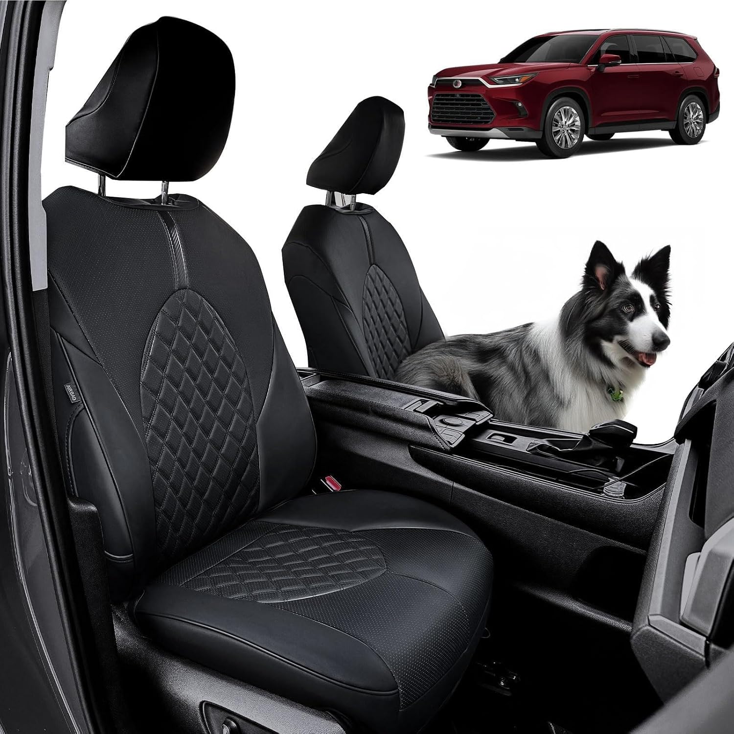 8 Seat Covers for 2026 2025 2024 Grand Highlander Accessories, Car Seat Covers for Toyota Grand Highlander, Side Airbag Compatibility, Full Set All-Wrapped Premium Leather Diamond Pattern