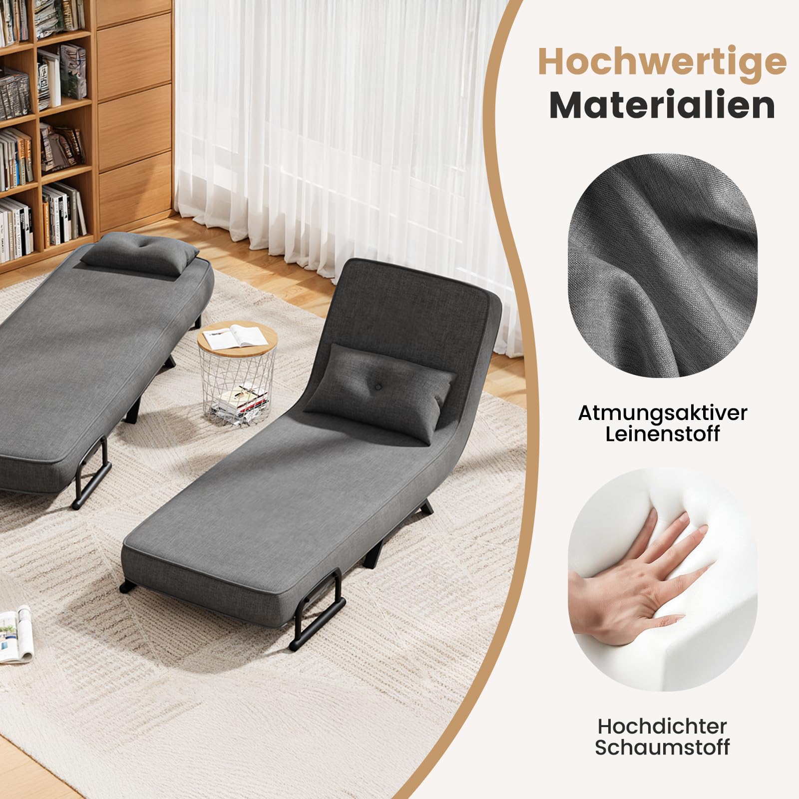 YOUDENOVA Schlafsessel 4 in 1 mit Bettfunktion, 150 kg belastbar, Schlafsofa mit 5-Fach Verstellbarer Rückenlehne, Sofa mit Aufhängetasche, Schlafcouch, Gästebett, Klappsofa, 184 × 63 cm, Dunkelgrau