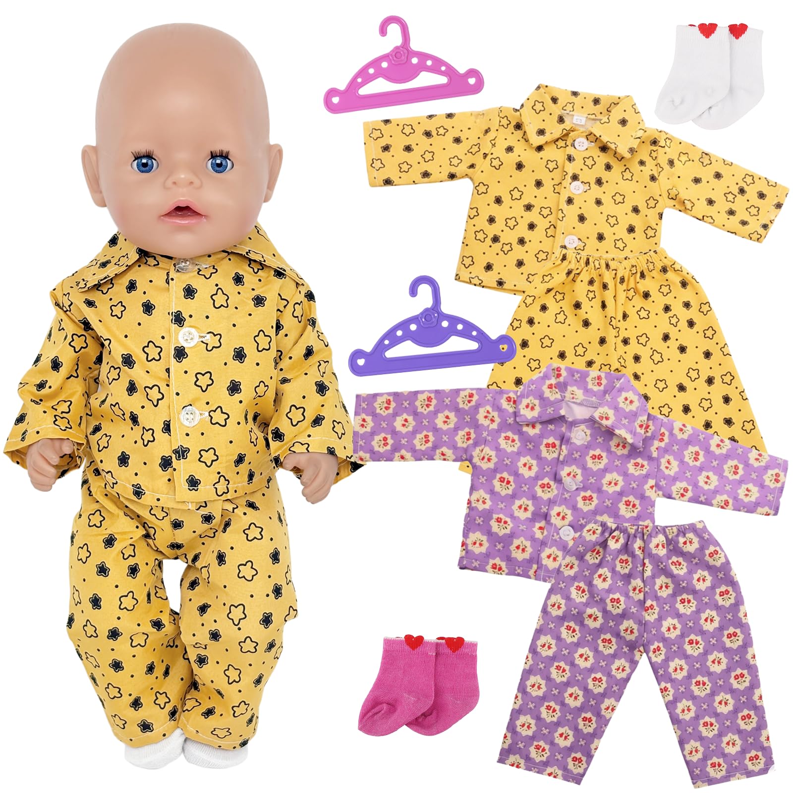 2 Sets Dolls Clothes Pajamas for 14-17 Inch Doll, 30-45cm Newborn Baby Doll Clothes with 2 Floral Print Shirts, 2 Pants