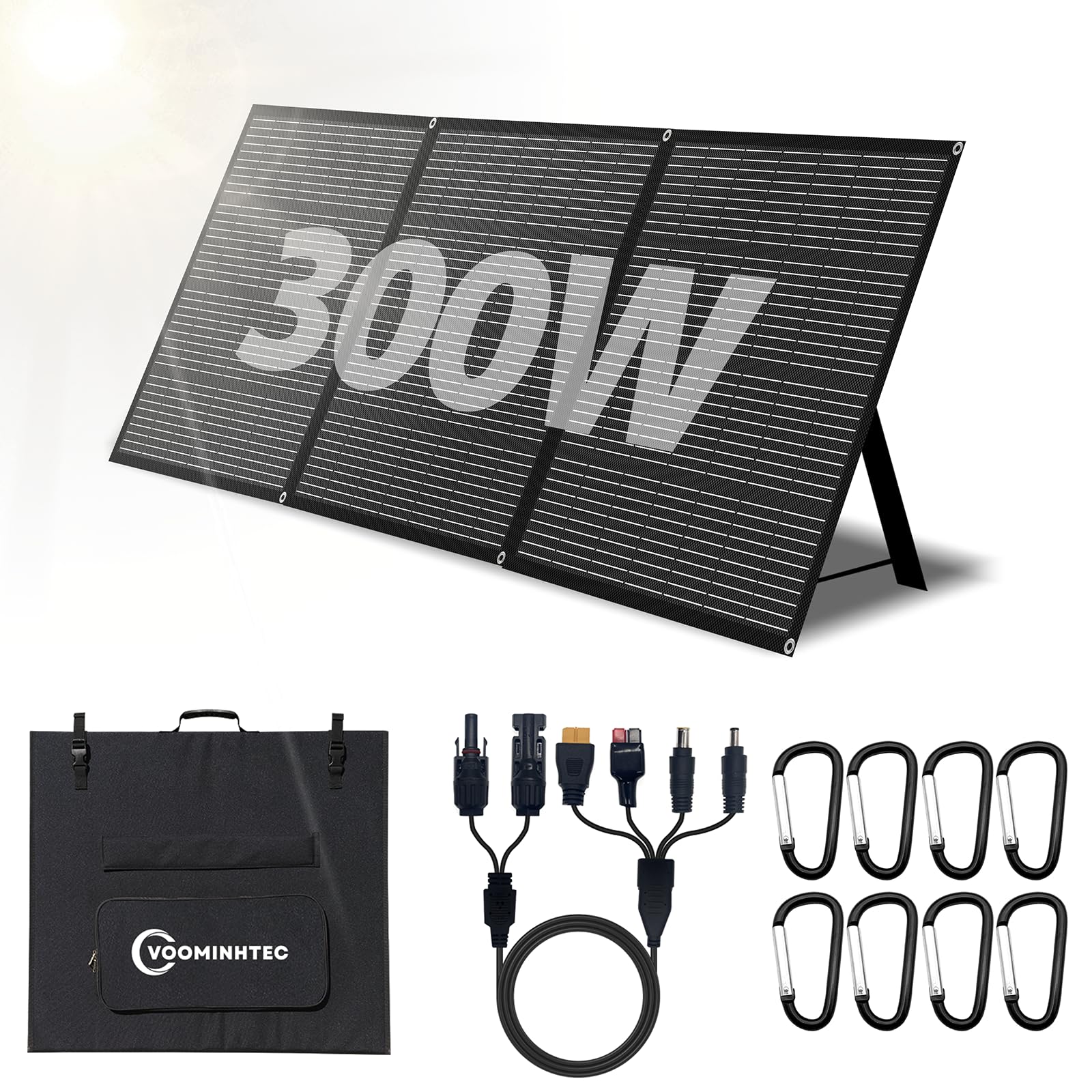 voominhtec300W 20V Portable Foldable Solar Panel Monocrystalline ETFE 24% High Conversion Foldable Kickstand Ultra-Light Waterproof IP65 Solar Charger for Battries and Power Station Off Grid Outdoor