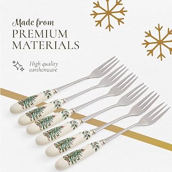 Spode Christmas Tree Pastry Forks (Set of 6), Stainless Steel Forks with Porcelain Handles for Holiday Meals, 6-Inch Festive Christmas Flatware - Seasonal Tableware & Silverware Gift Set