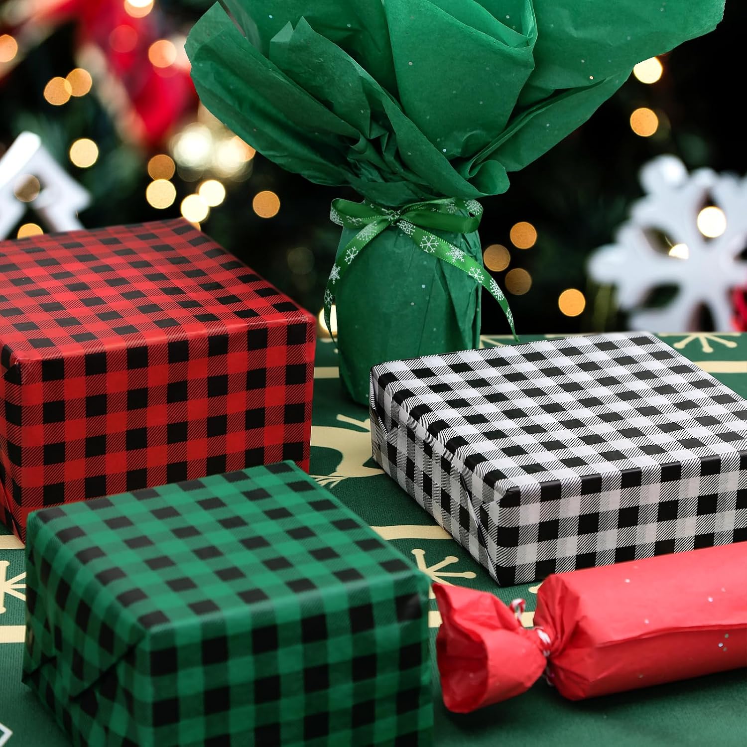 PAPER FAIR 100 Sheets Christmas Plaid Gift Tissue Paper Set, Red Green Assorted Holiday Gift Wrapping Tissue Paper, for Gift Bag Box Xmas Tree Stocking Decor, 20x14in image 2