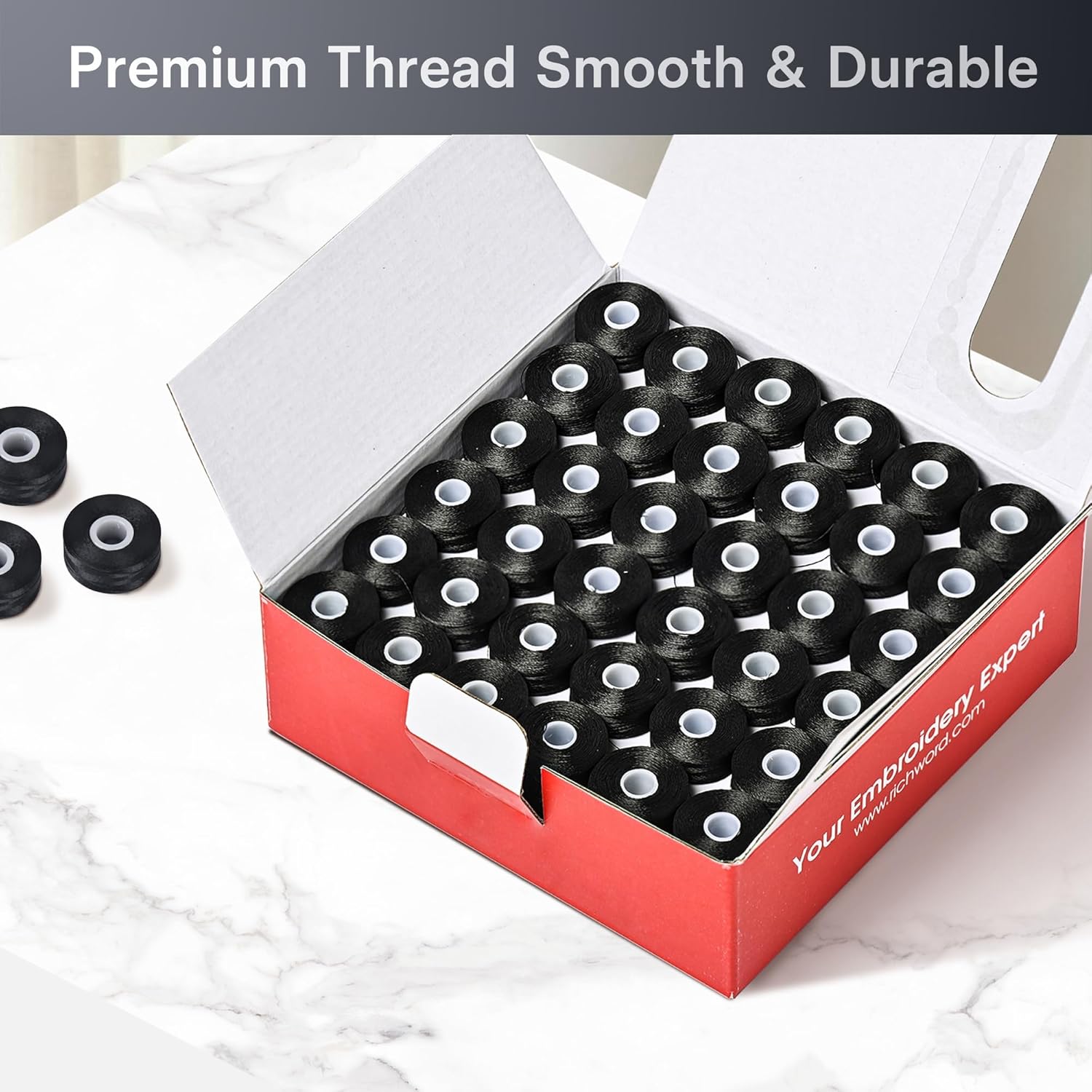BAi Embroidery Prewound Bobbins, Black, 144pcs, Sideless, Size L (SA155), 60WT (75D/2), for Commercial Multi-Needle Embroidery Machines