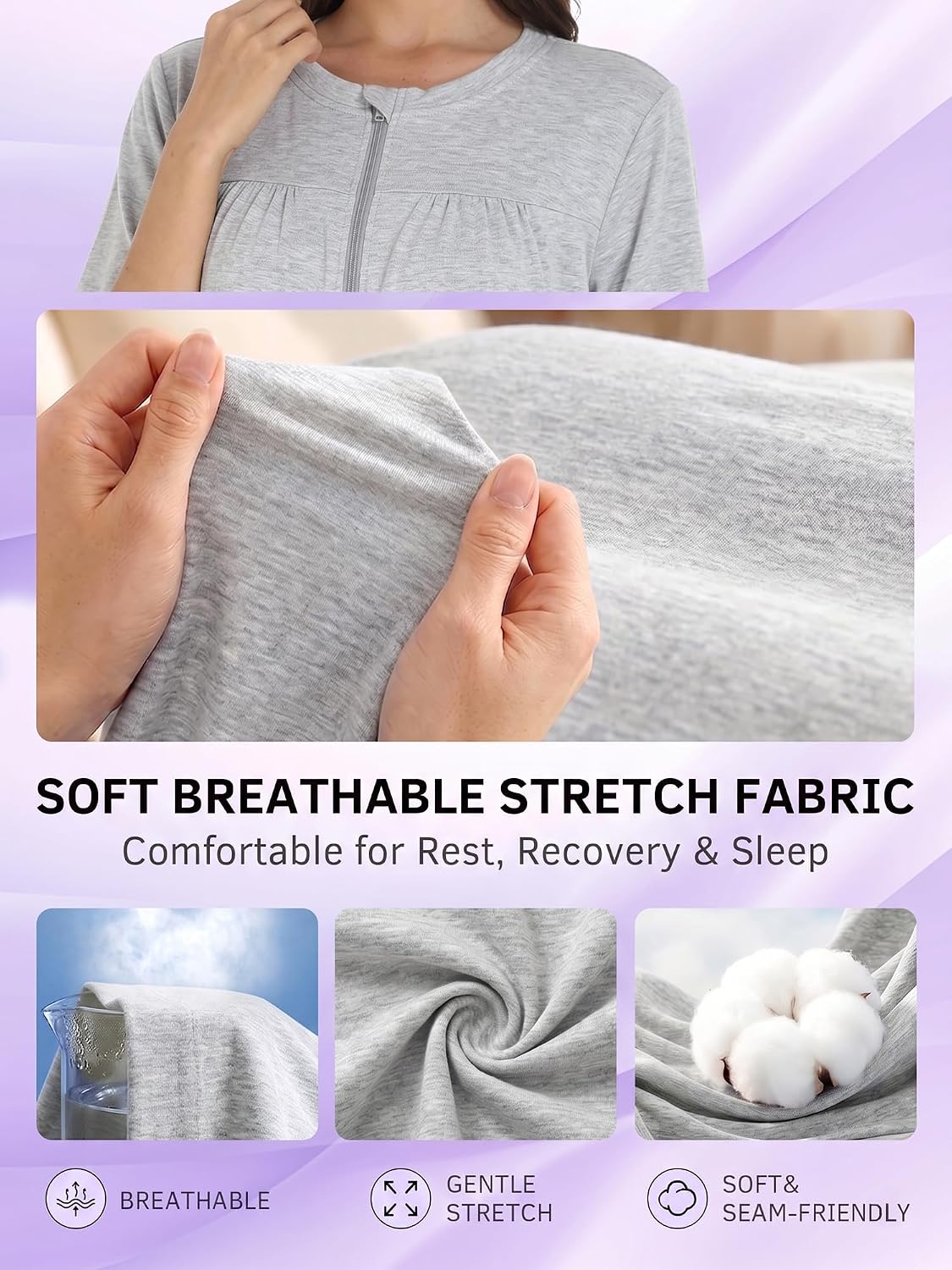 Mastectomy Recovery Robe for Women, Front Zip Post Surgery Gown with 4 Drain Pockets for Breast Recovery