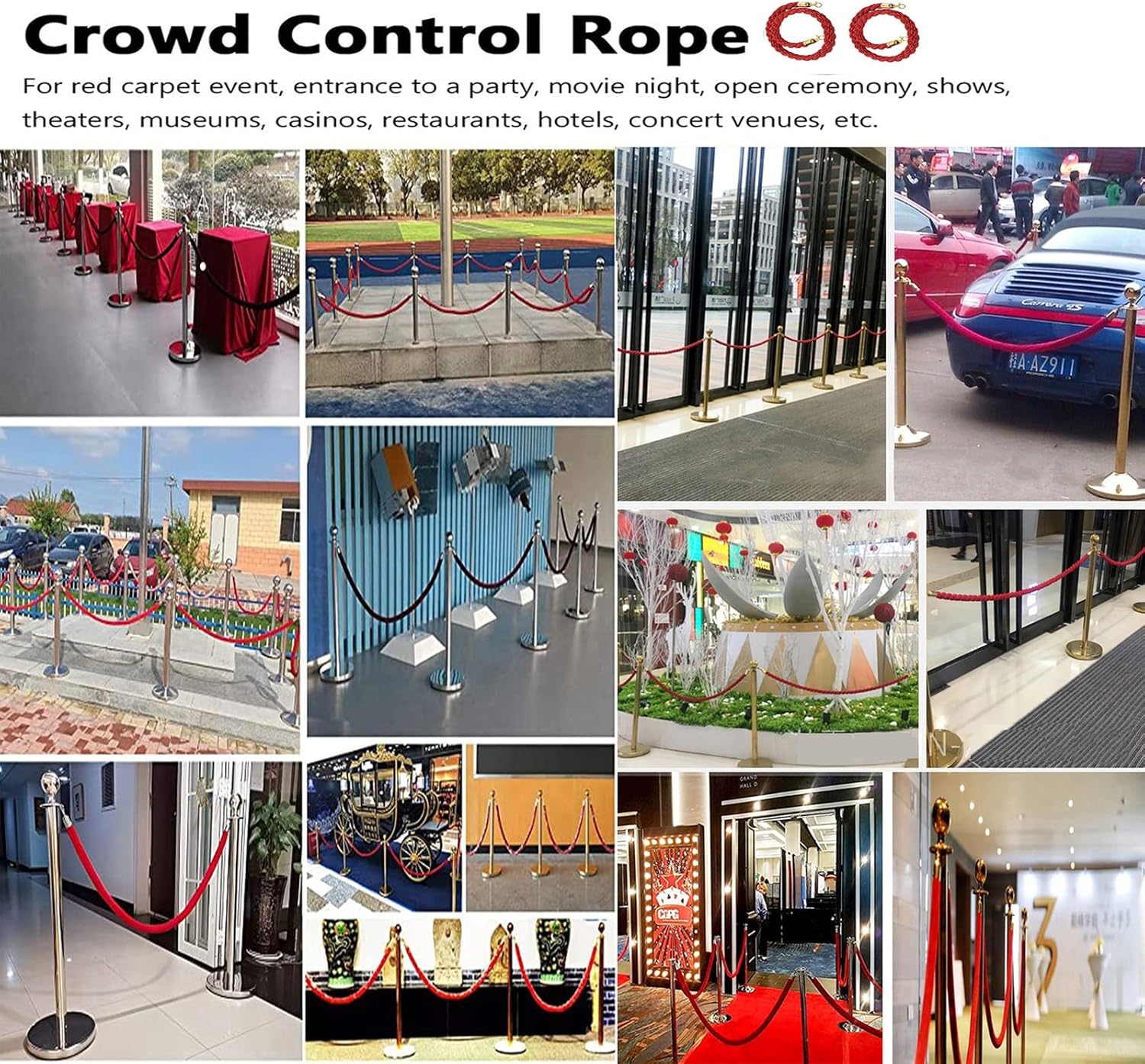 Queue Barrier Ropes with Gold Hooks, Braided Hemp Rope Barrier for Queue Divider, Rope Safety Barrier 1/2/3M Crowd Control Stanchion Rope 3/4/5/7/8/9/10Ft, Twisted Hemp Ropes Queue Line Barrier