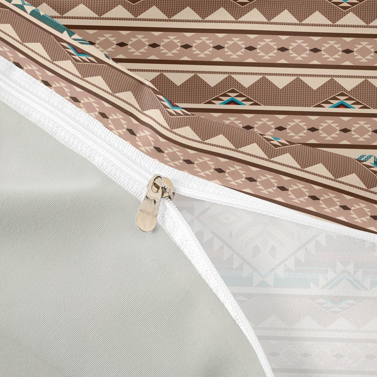 Western Bedding Sets Queen,Aztec Comforter Cover,Exotic Nordic Style Bohemian Duvet Cover Indian Tribe Geometric Ethnic Tribal Arrow Bed Set,Retro Geometric Triangle Diamond Boho Decor,Beige Brown