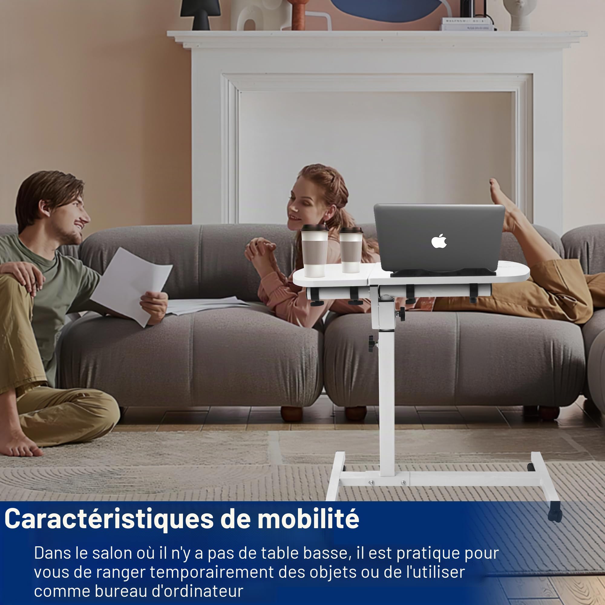 Table d'appoint mobile réglable en hauteur pour lit avec 4 roulettes, 60 x 40 cm, table pour ordinateur portable, table de dessus pivotante pour salon, chambre à coucher, bureau, lit, canapé