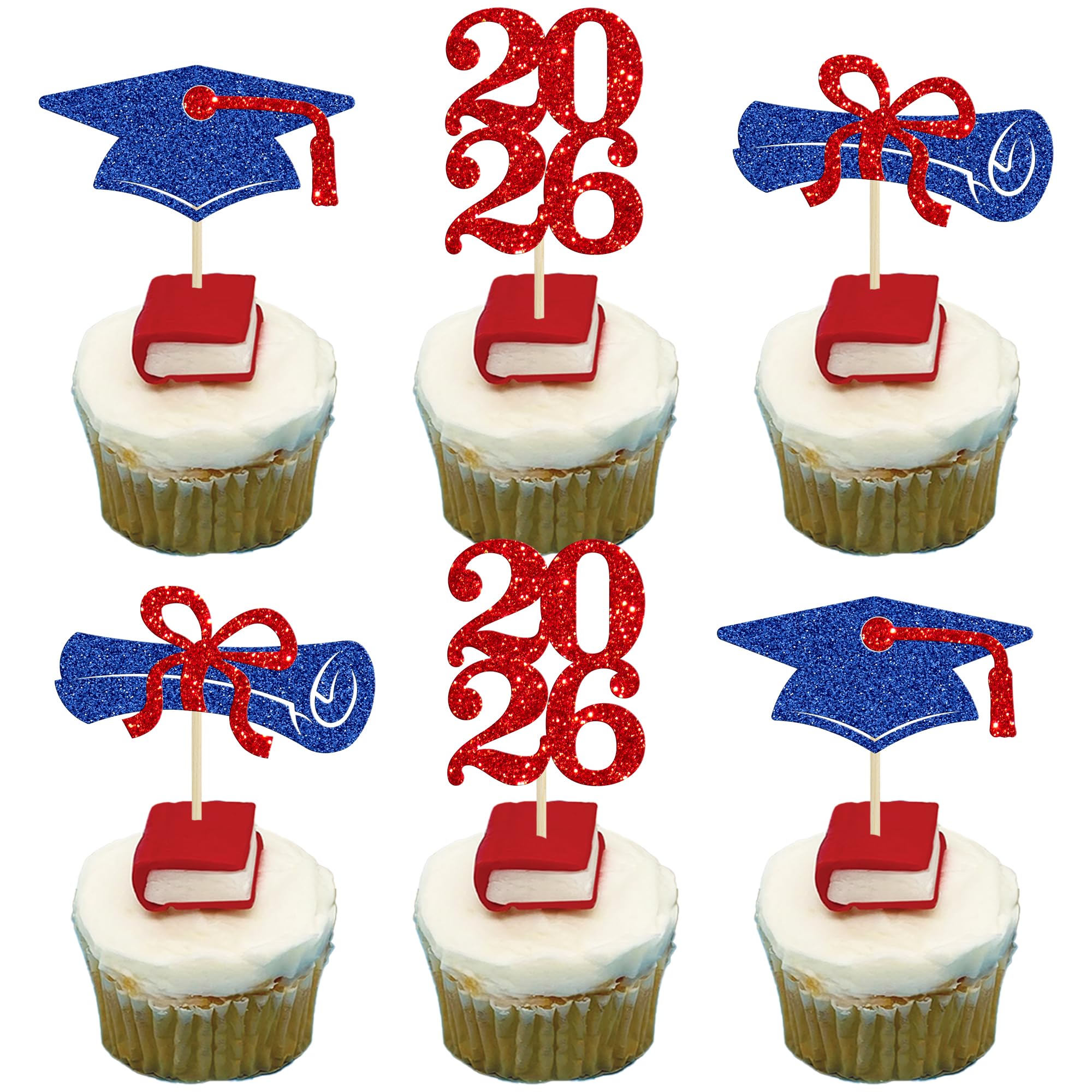 Ephlyn 24Pcs Graduation Cupcake Toppers Grad Party Decoration Food Picks Congrats Glitter Diploma Cap School Cupcake Picks for 2026 Graduation Theme Party Cake Decoration Supplies Blue Red
