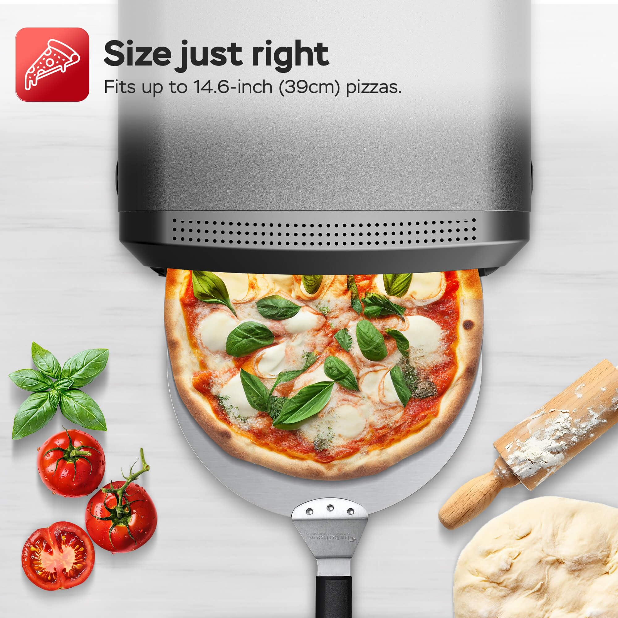 Elektrischer Pizzaofen bis 450°C für 37cm (14,6") große Pizza New York mit Pizzastein Indoor/Outdoor 2200W Garten für Zuhause kleine Back Ofen Tisch Flammkuchen mobiler inkl. Pizzaschieber