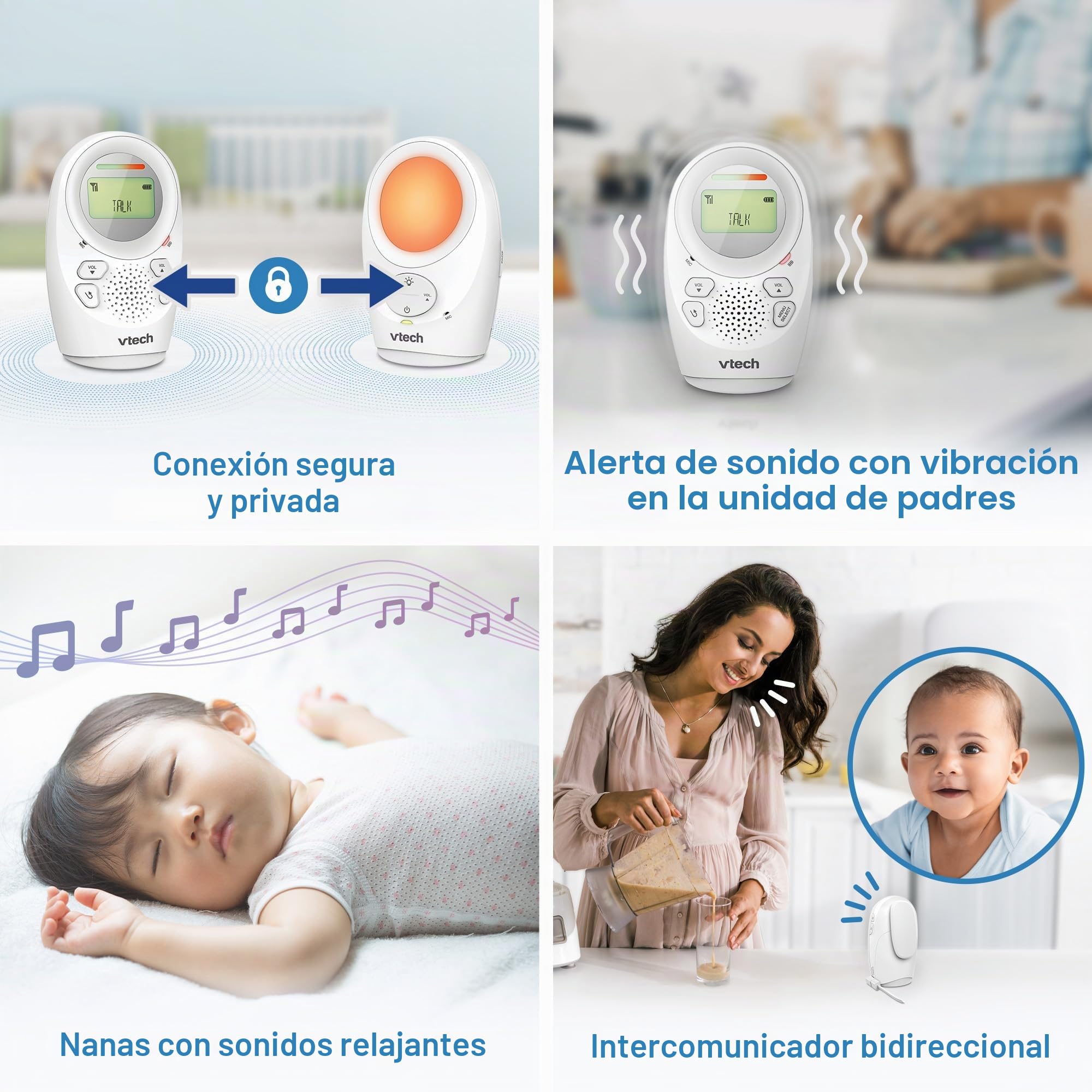 VTech DM1211 Monitor de Audio para bebé, Largo Alcance, Monitor de bebé con conversación bidireccional, Pantalla de Nivel de Ruido, Sensor de Temperatura, Sonidos relajantes, Clip para cinturón de