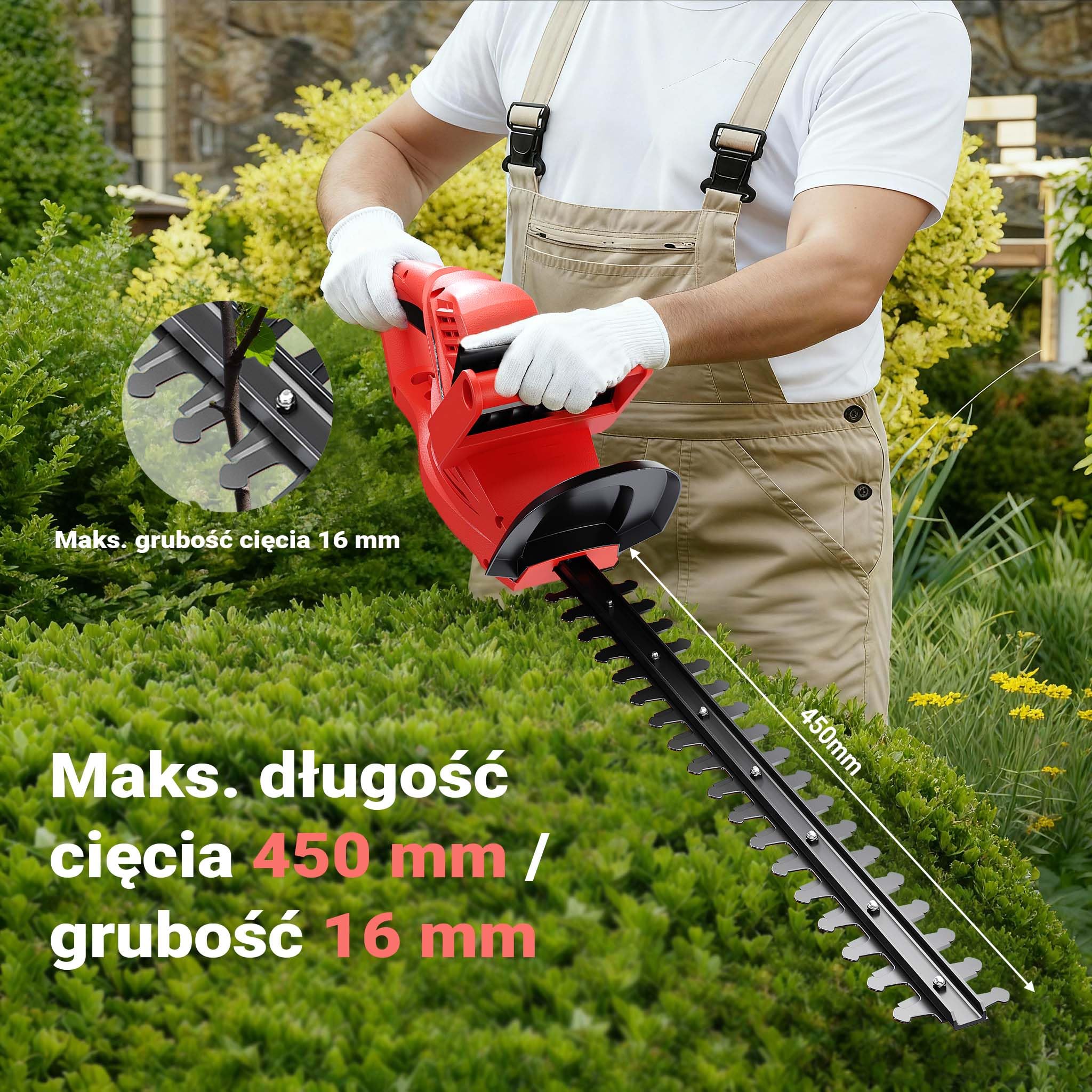 Elektryczne nożyce do żywopłotu Wiltec 520 W, nożyce do żywopłotu o długości cięcia 450 mm, piła do żywopłotu z hamulcem szybkomocującym, kosa spalinowa z osłoną dłoni