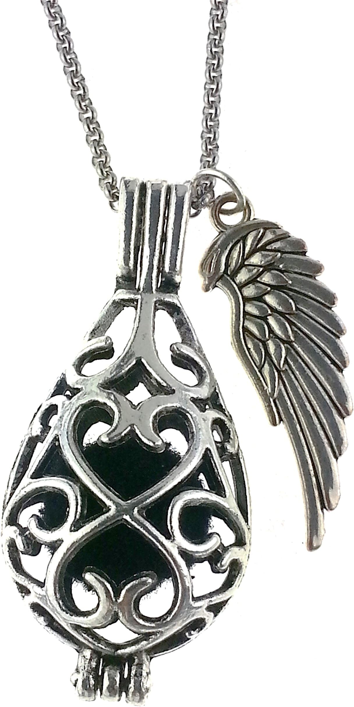 Earth in Wire Filigree Teardrop Essential Oil Diffuser Necklace, Large Aromatherapy Necklace with Angel Wing charm and 18 inch chain and 3 poms included.