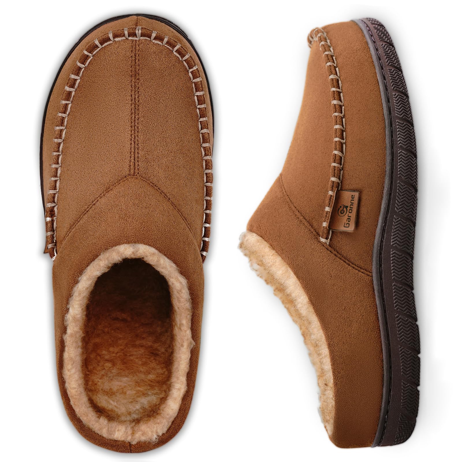 Garonne Mens Slip On Moccasin Slippers with Memory Foam Fuzzy Comfy House Shoes with Non-Slip Rubber Sole for