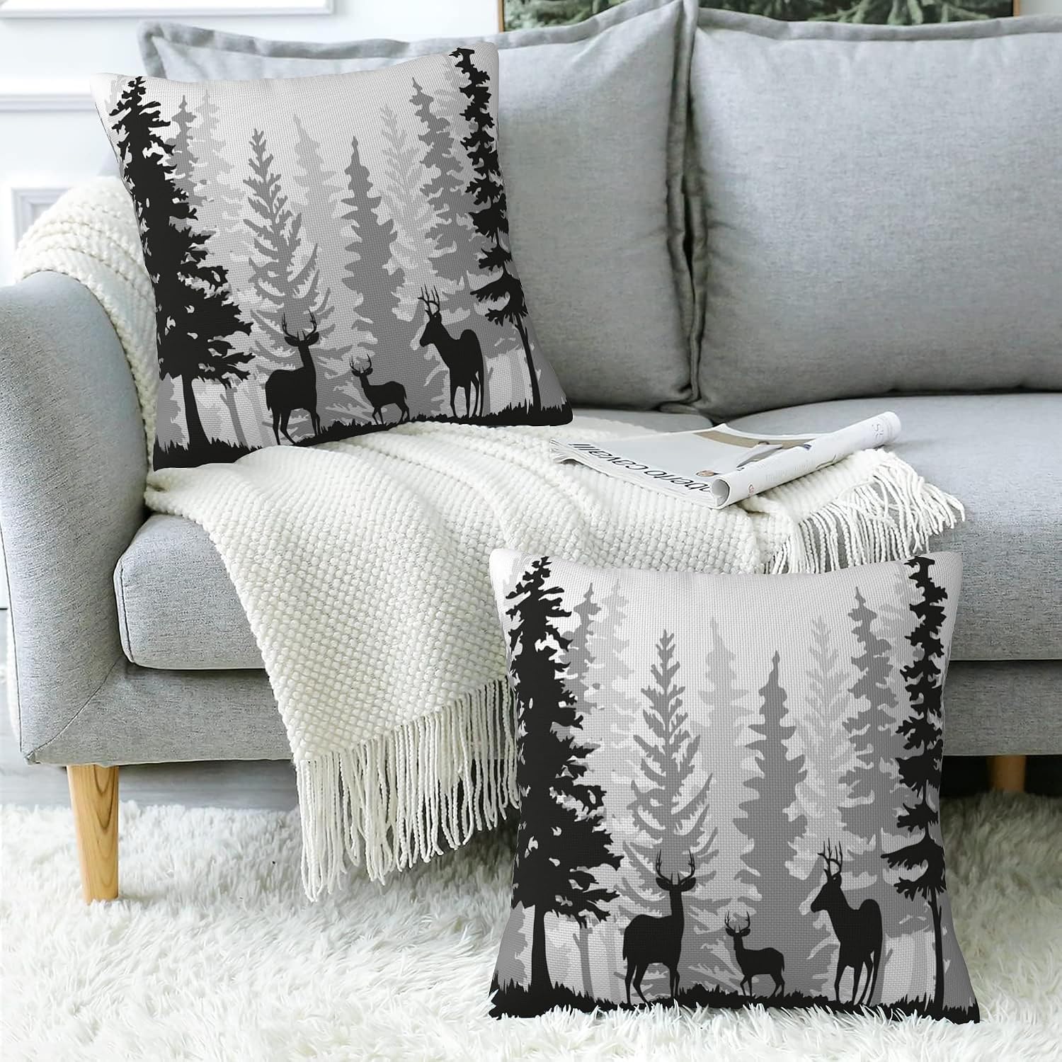 Throw Pillow Cover Case Deer Silhouette in Forest Pillow Covers 18x18 Inch Set of 2,Soft Decorative Throw Pillow Case for Living Room Bedroom Sofa Couch Cushion Covers image 5