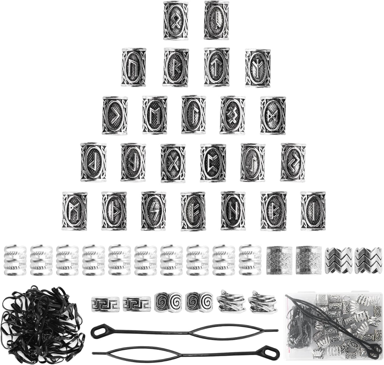 76pcs Viking Hair Jewelry Nordic Runes Tube Beads Metal Clips Cuff Rings Braid Accessories Dreadlocks Beads for Braiding, Beard Decoration, Bracelets, Necklace