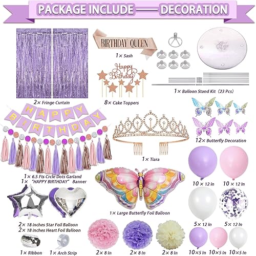 Miniatura 2 de Guudmua Juego de 222 piezas de decoraciones de cumpleaños de mariposa, decoración de cumpleaños morada y rosa para niñas, juego de vajilla
