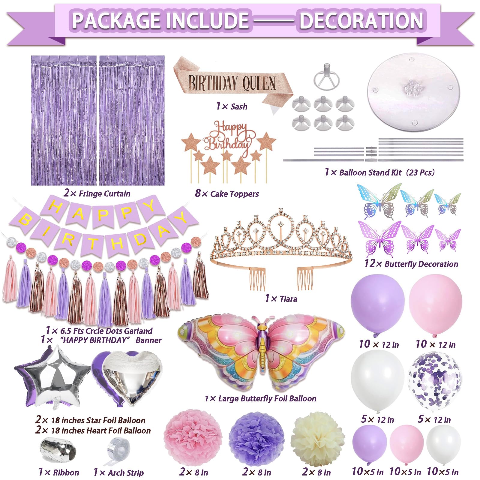 Guudmua 222 Pcs Butterfly Birthday Decorations, Purple and Pink Birthday Decorations For Girls Kit - Disposable Dinnerware Set with 25 Guest, Balloons, Sash, Tiara, Banner, Butterfly Decor