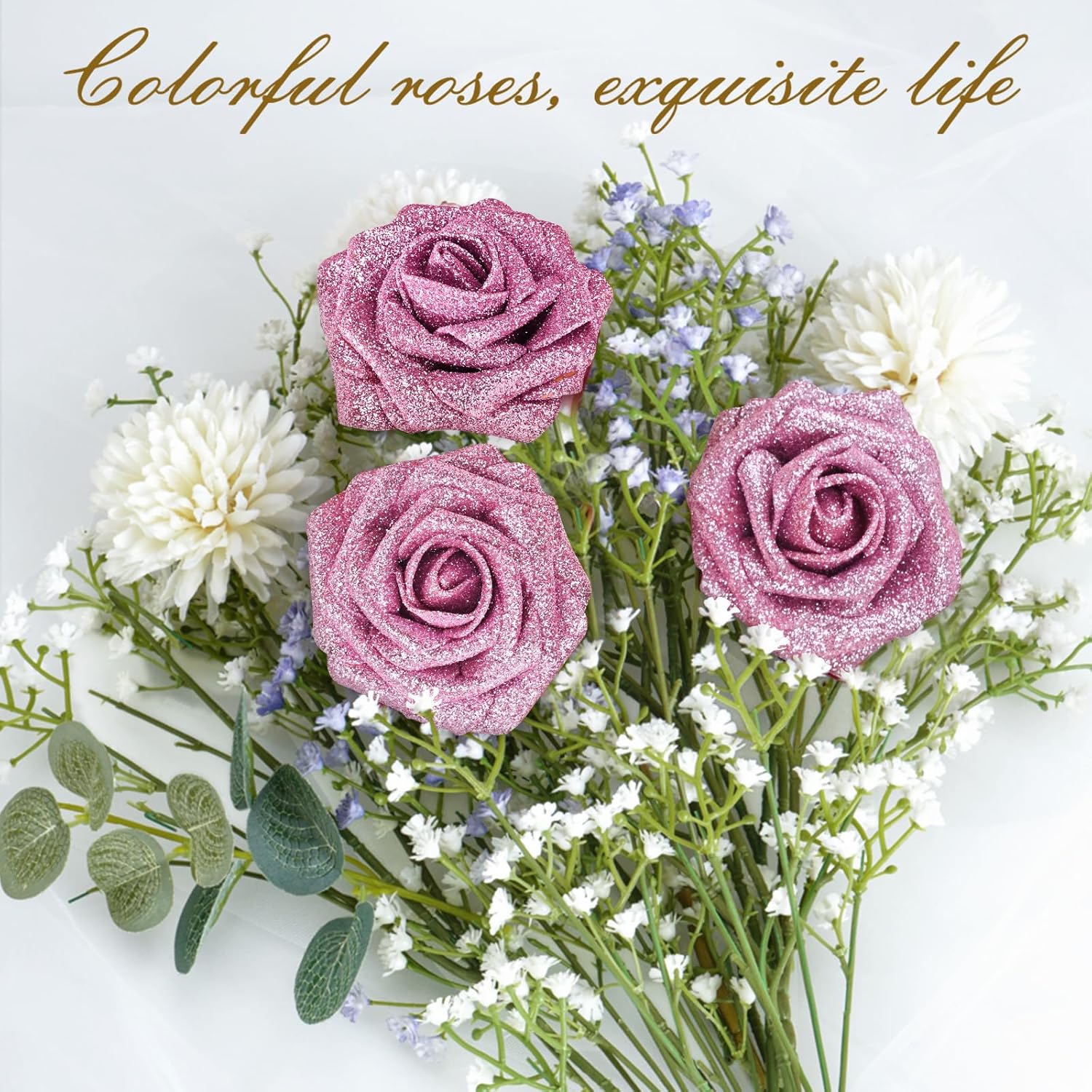 BLEUM CADE 16Pcs Artificial Flowers Fake Roses with Stems, Pink Glitter Boxed Foam Roses for DIY Bouquets Centerpieces Wedding Party Arrangement Bridal Shower Decor - Image 6