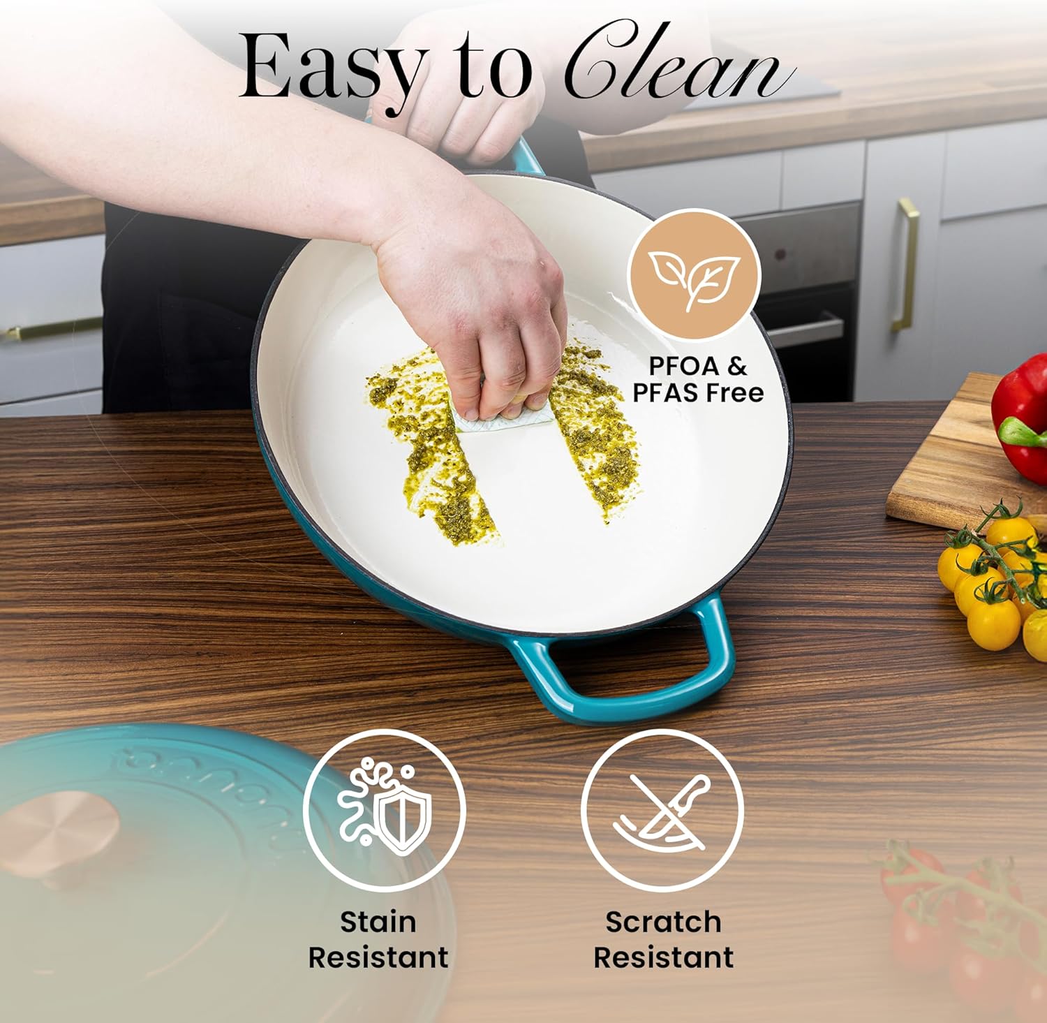 Cast Iron Dutch Oven with Lid – Non Stick Shallow Dutch Oven Pot, Oven Safe up to 500° F – Sturdy Cooking Pot – Enamelled Stockpot Cookware – Teal, 3.7-Quart, 30cm – by Nuovva